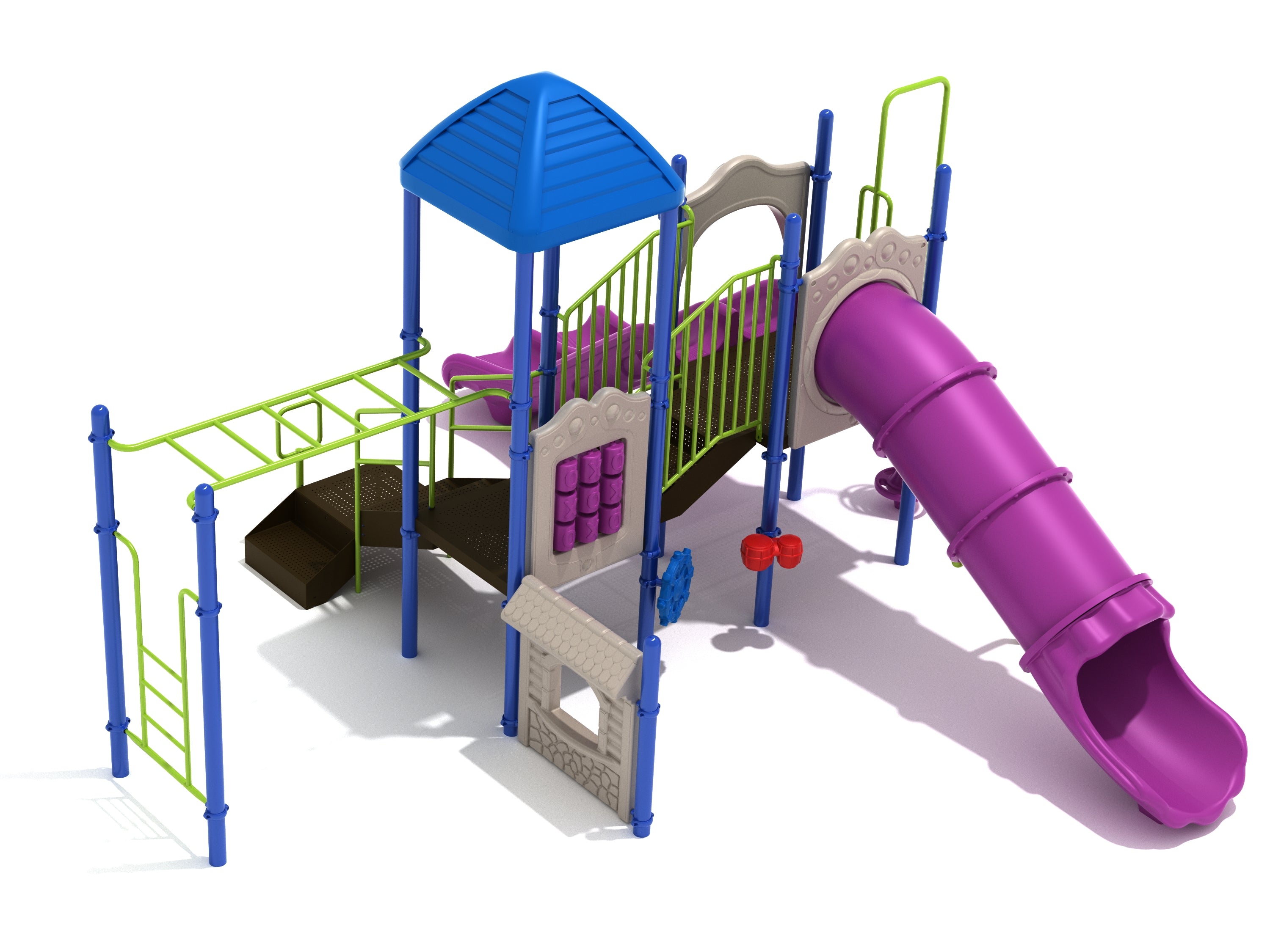 Colorful children's playground with blue pyramid roof, purple enclosed tube slide, green climbing bars, stairs, and activity panels