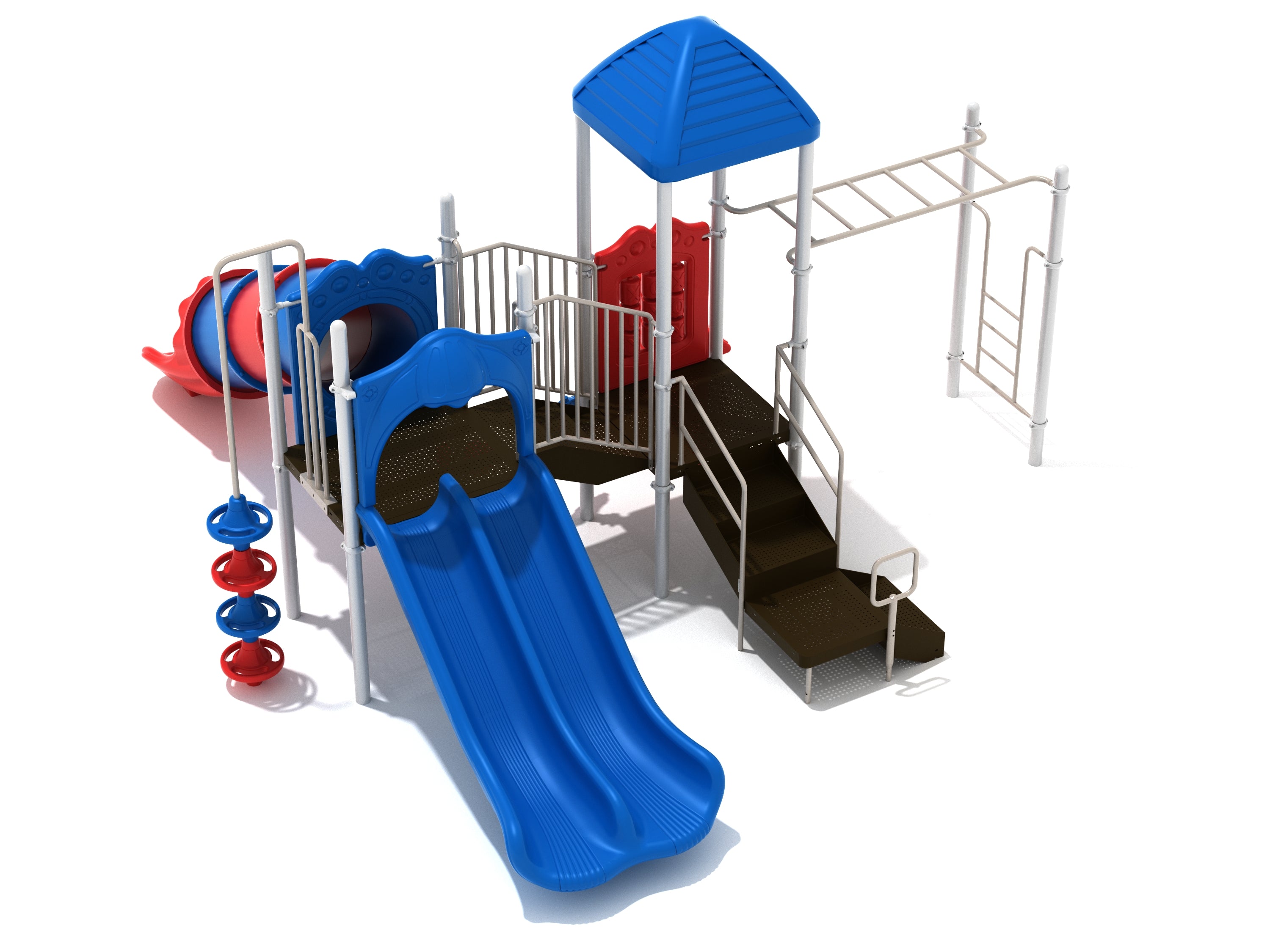 Elevated playground structure with blue double slide, red and blue enclosed tube slide, stairs, climbers, and blue pyramid roof