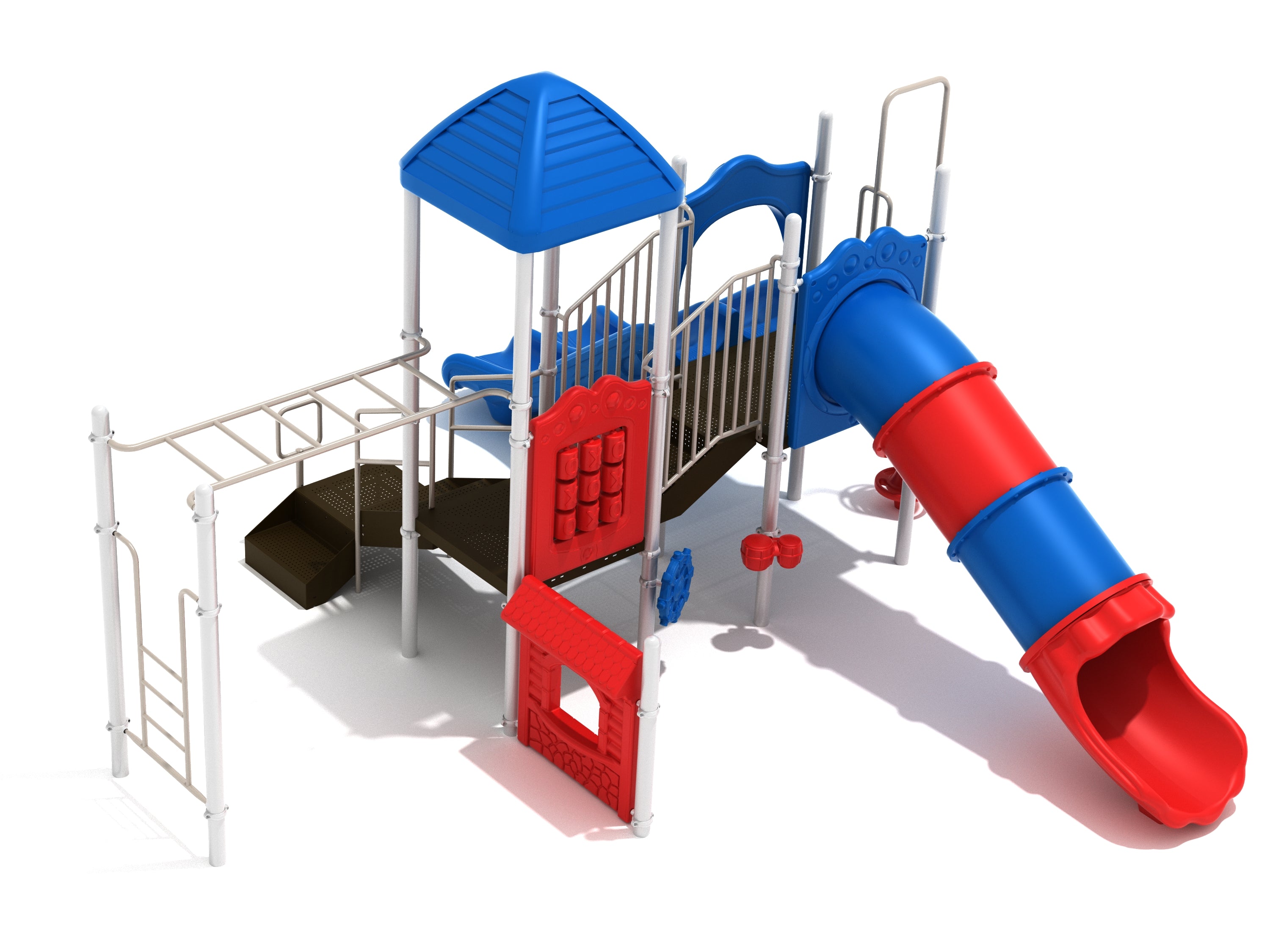 Colorful playground structure with blue pyramid roof, red and blue tube slide, climbing ladders, and activity panels