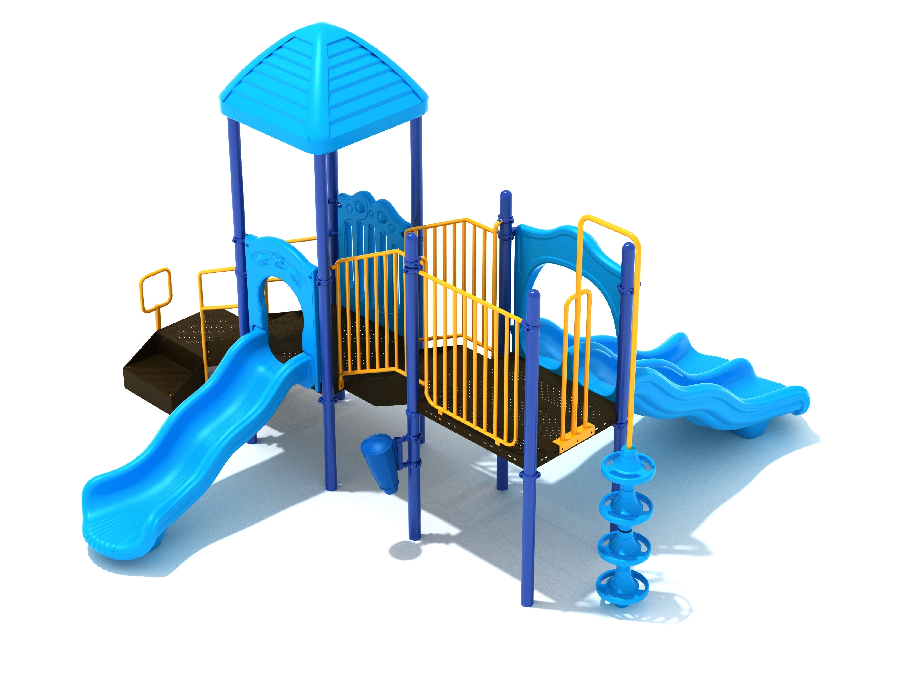 Blue and yellow children's playground structure with slides, climbing elements, safety railings, and interactive ground-level play features