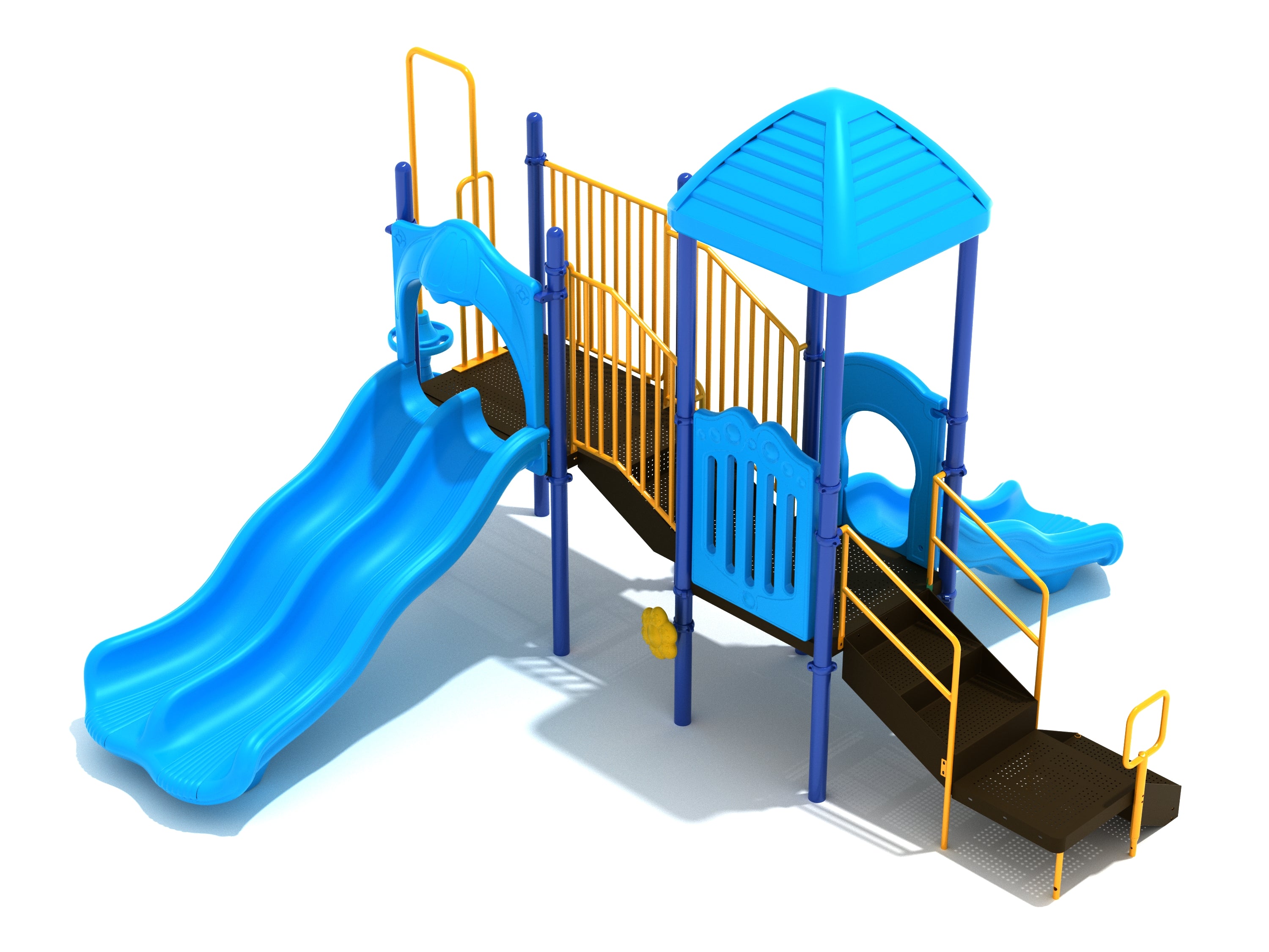 Colorful playground structure with dual blue wave slides, yellow railings, stairs, and a blue pyramid roof platform
