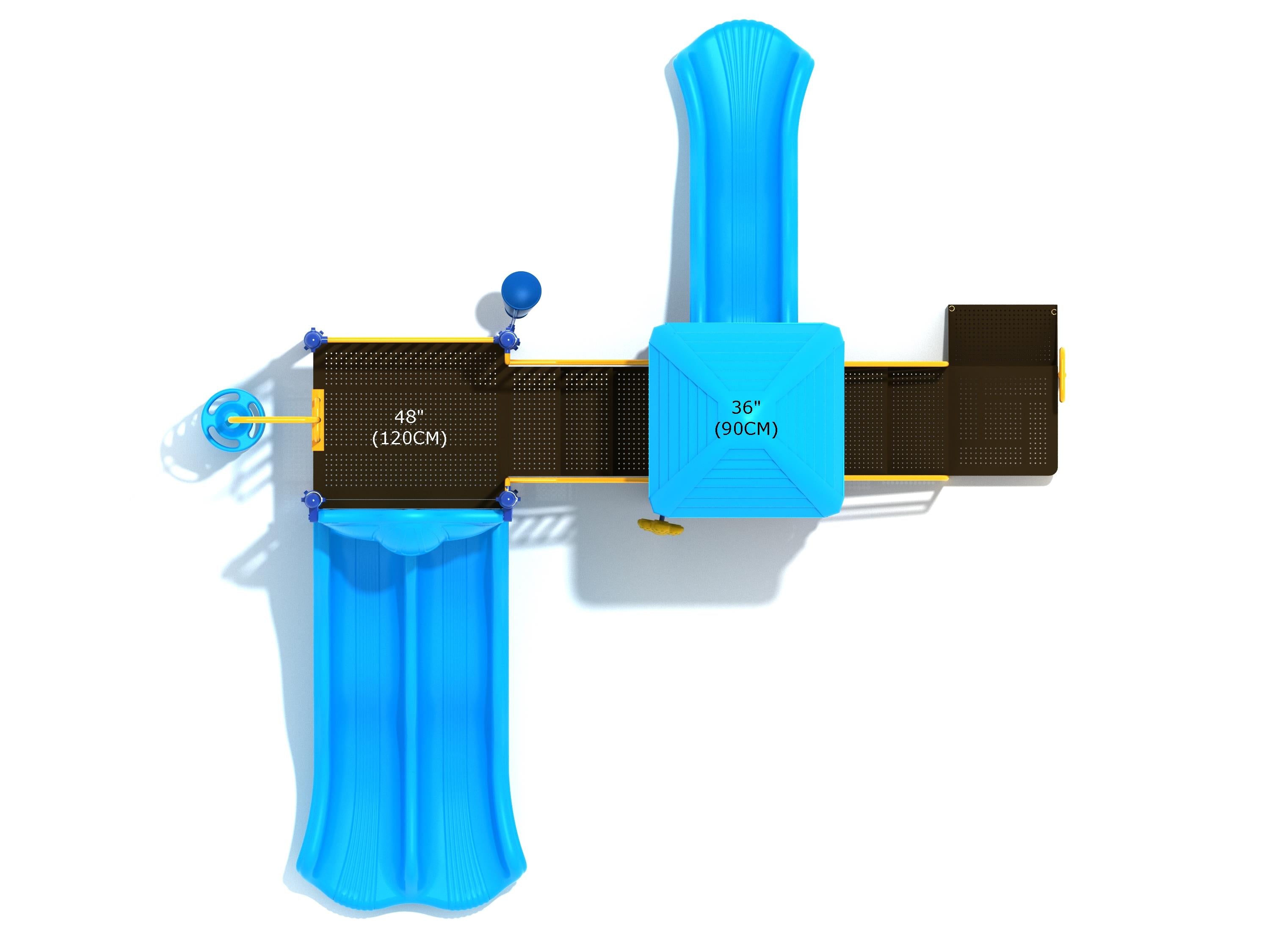 Overhead view of large playground structure with two blue slides, elevated platforms, safety barriers, and pyramid roof