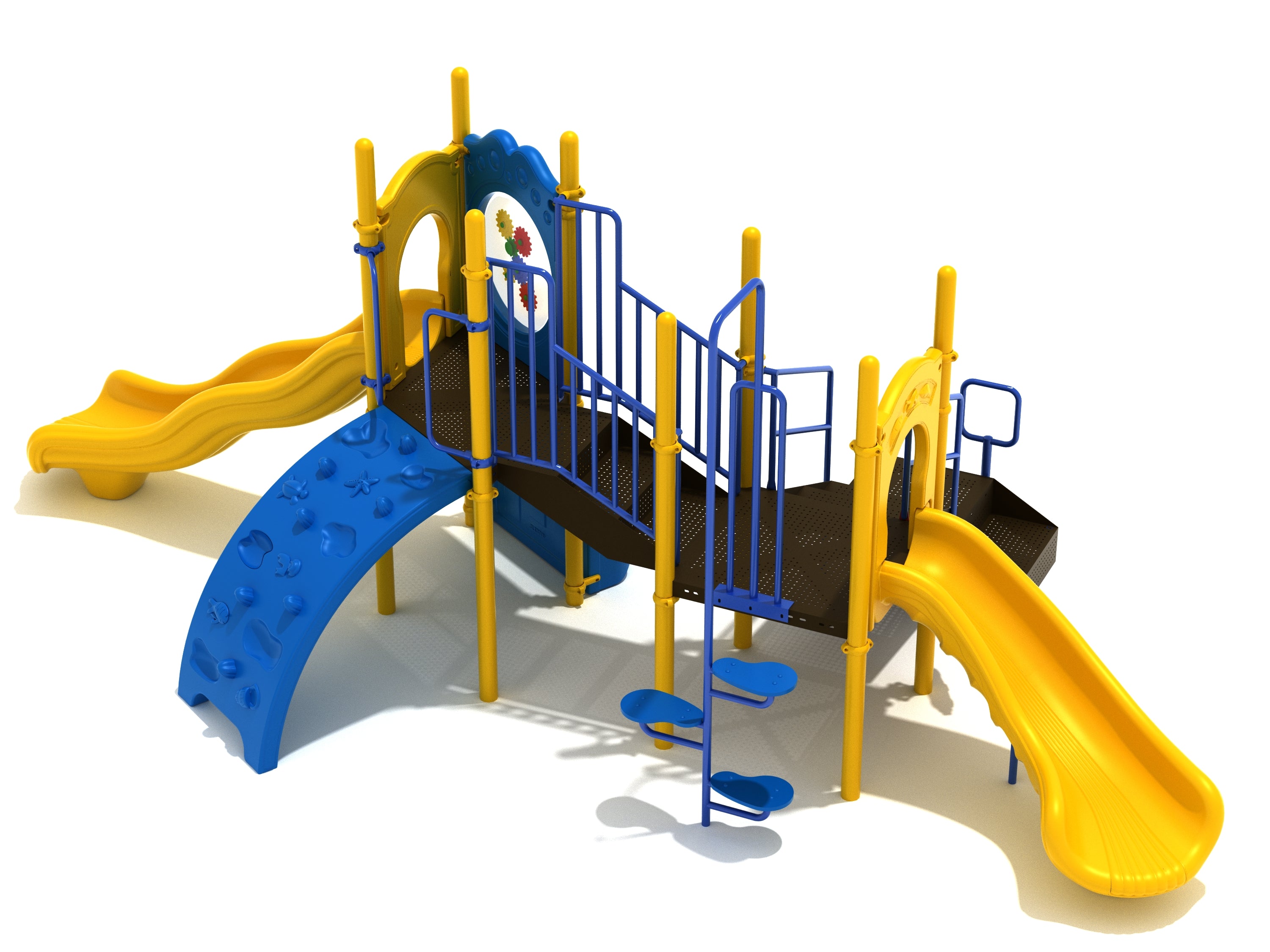 Nautical-themed playground with two yellow slides, blue sea creature climbing wall, interactive gear panel, and pea pod climber