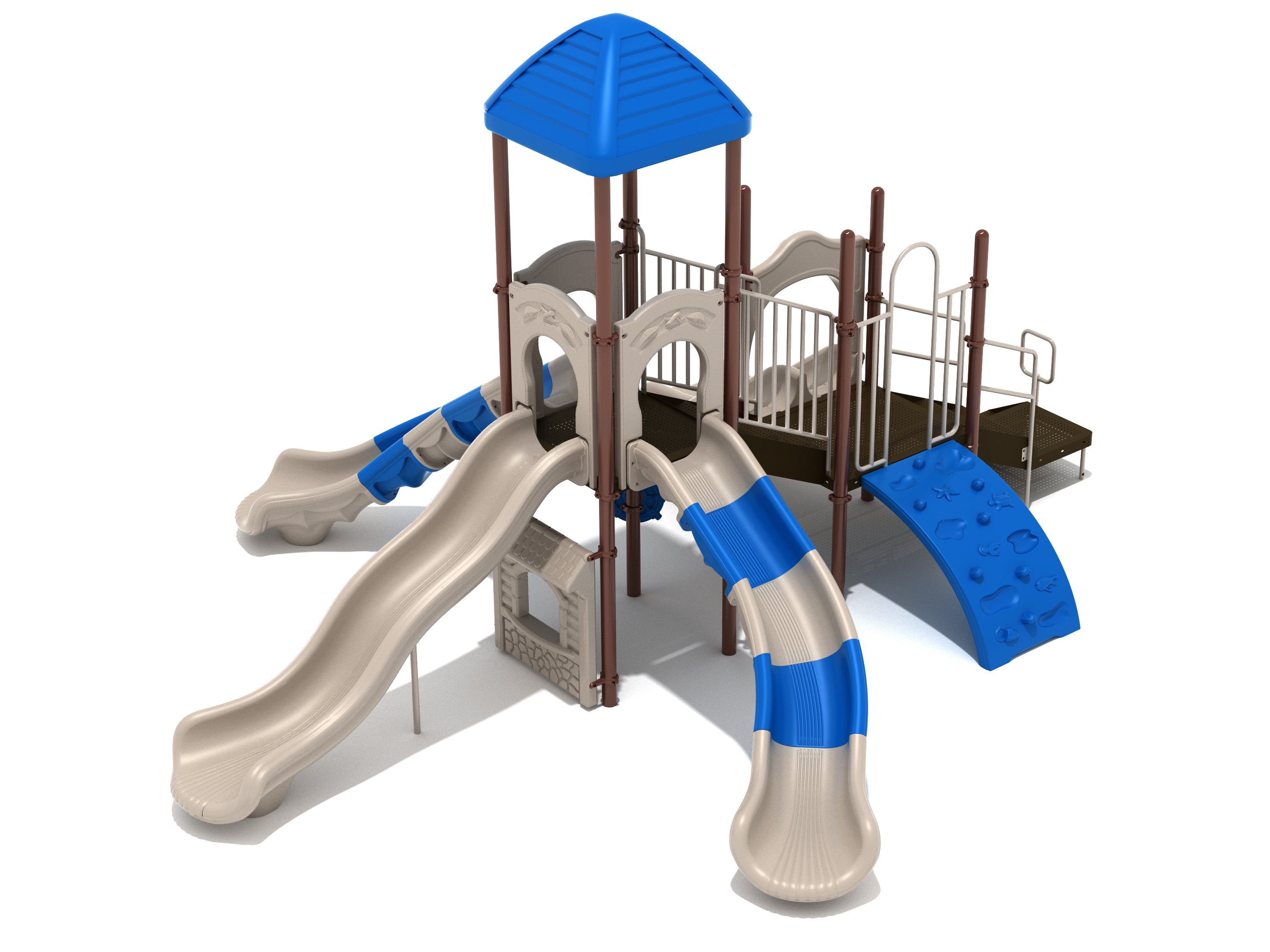 Playground structure with blue roof, three beige and blue slides, climbing wall, elevated platform, and interactive play panels.