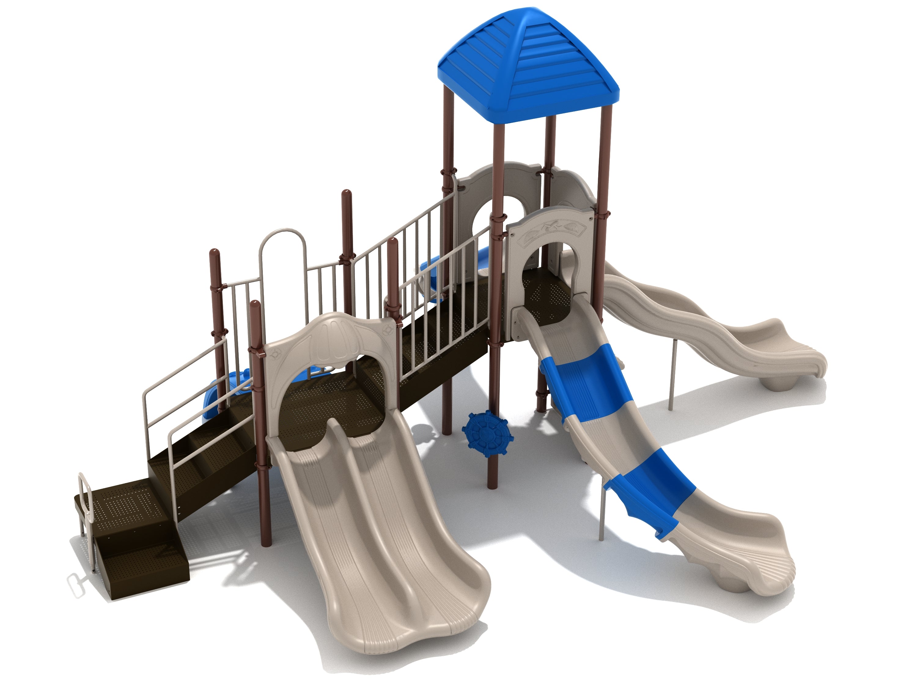 Playground structure with three beige and blue slides, brown climbing stairs, and a blue roof canopy.
