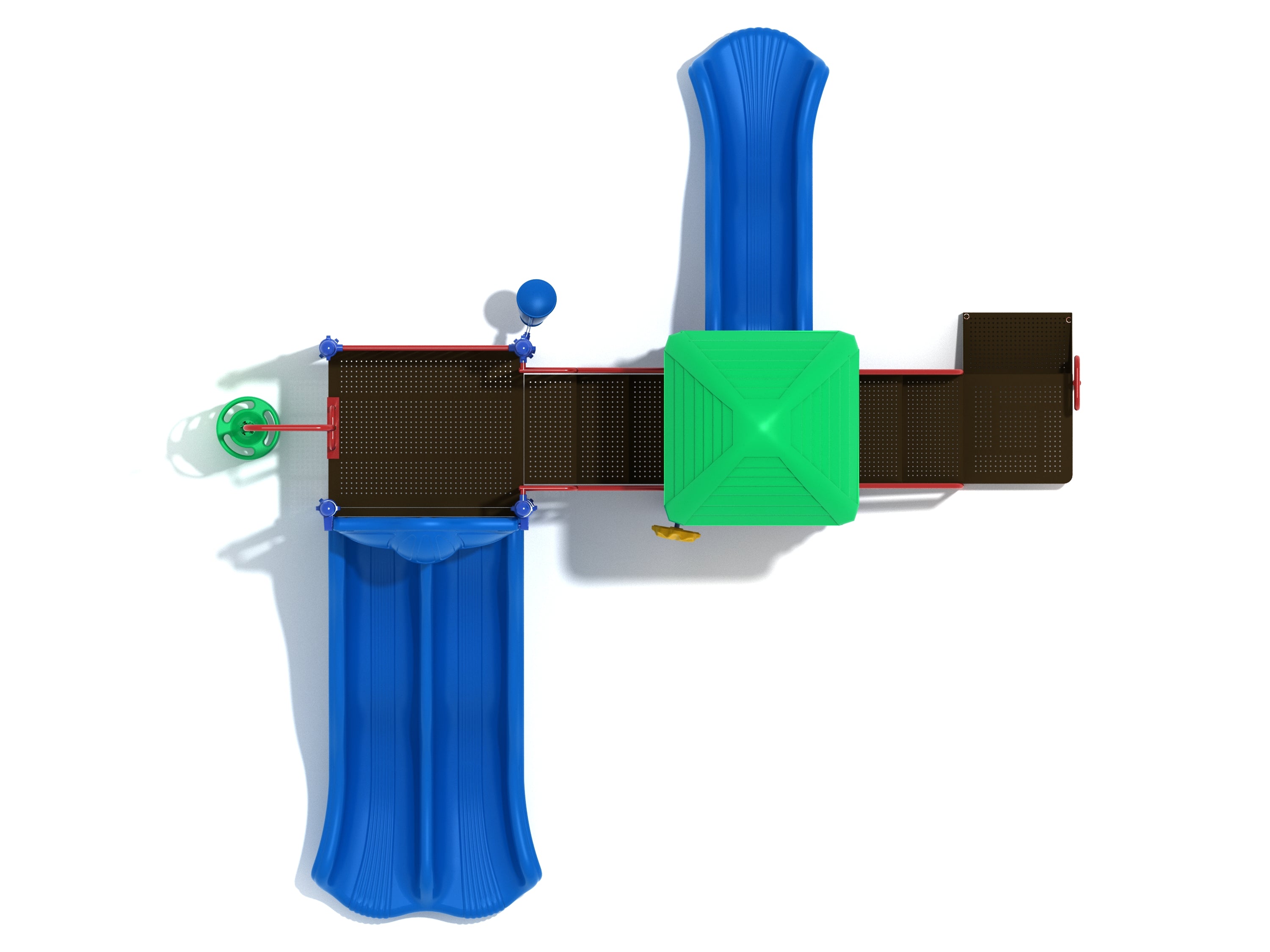 Overhead view of colorful playground with blue slides, green pyramid roof, interactive panels, and safety barrier panels