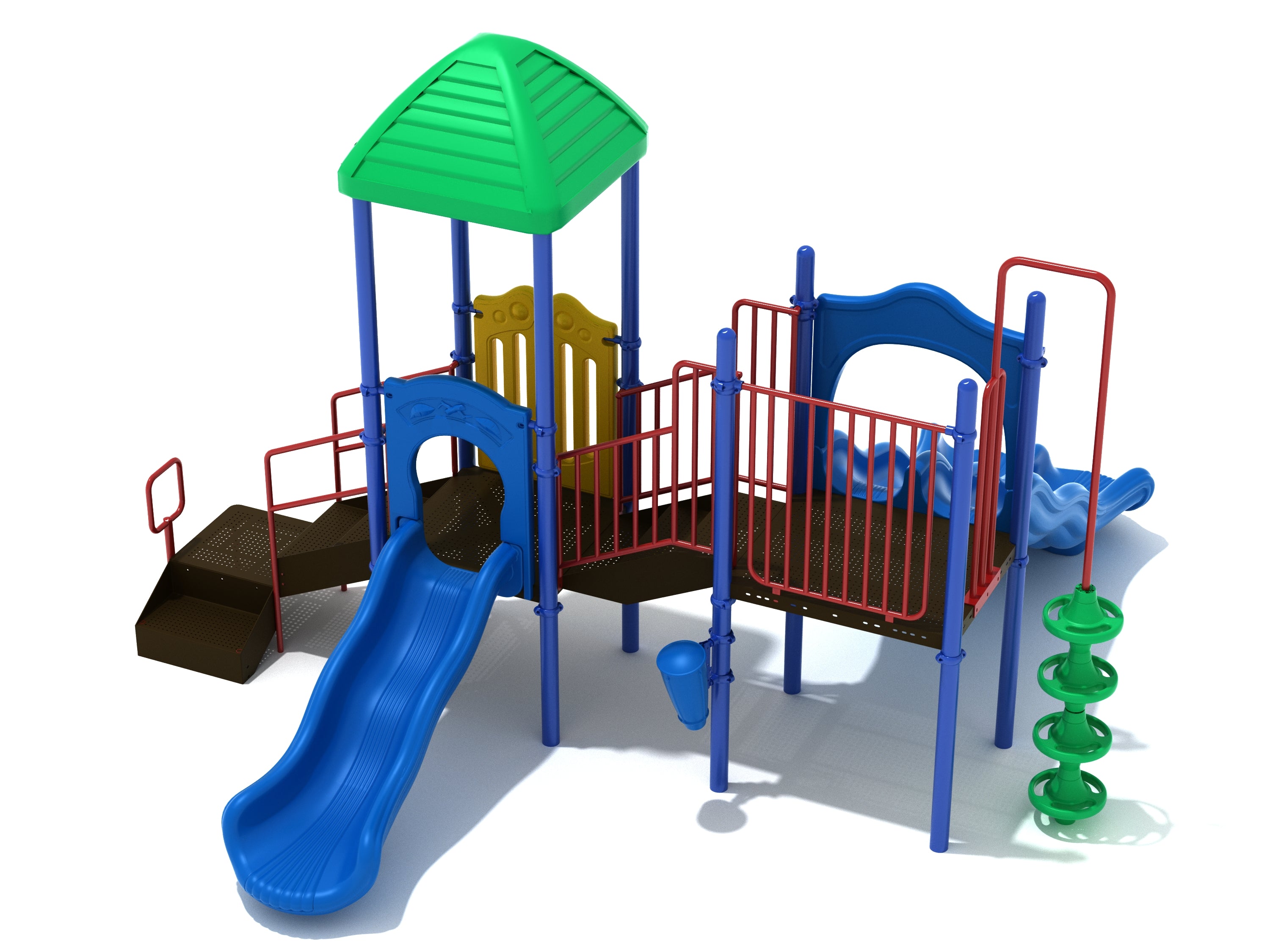 Colorful playground with green pyramid roof, blue wave slides, red railings, stairs, and interactive ground-level play elements