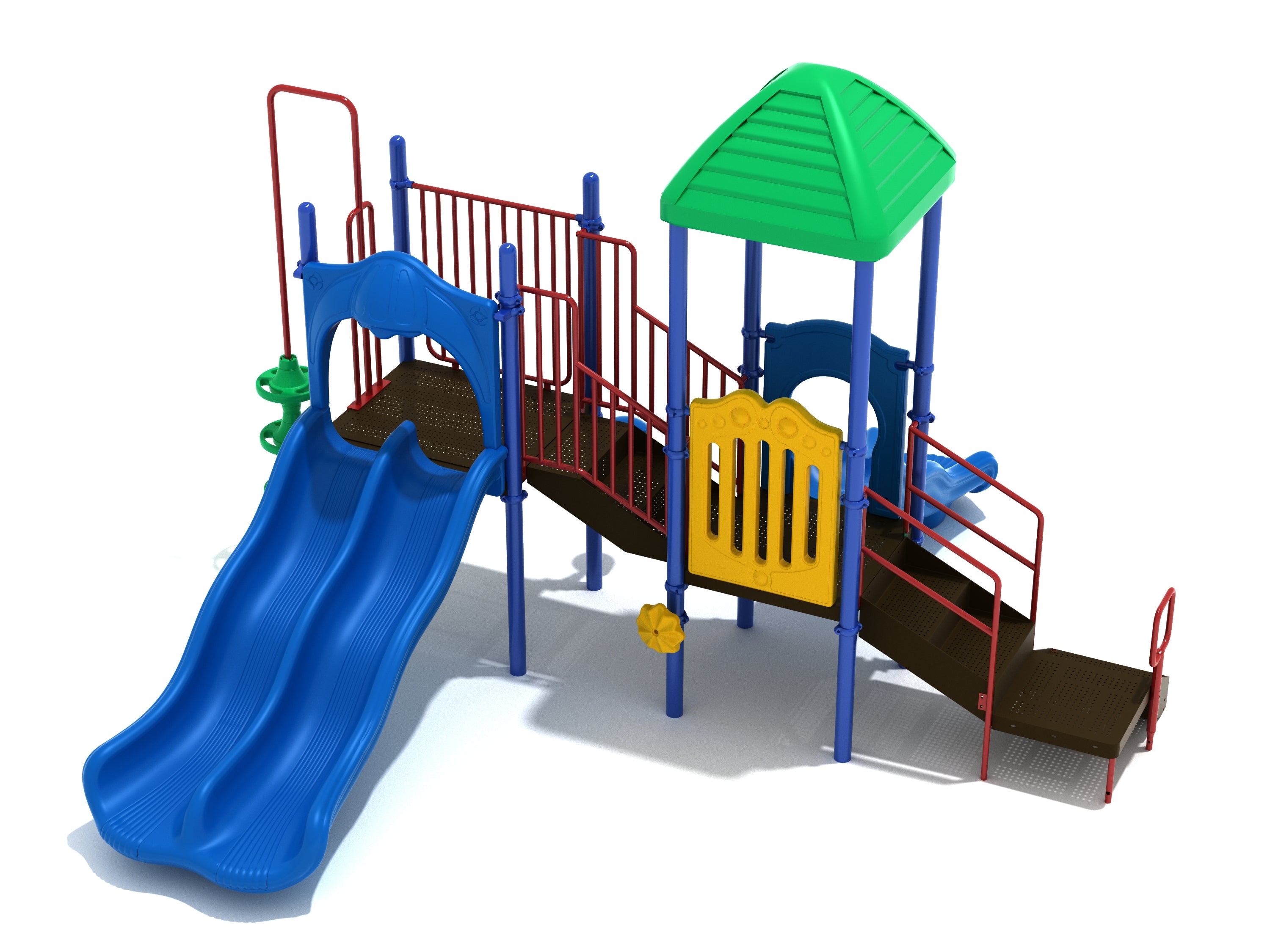 Colorful playground with dual blue wave slides, green pyramid roof, red railings, interactive panels, and accessible play features