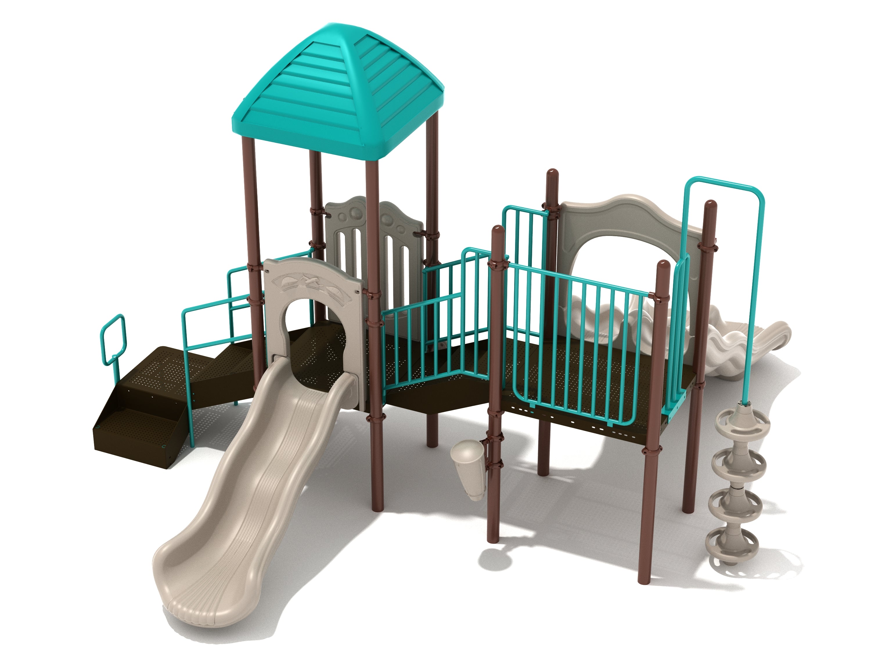 Elevated playground structure with teal pyramid roof, beige wave slides, brown platforms, teal safety railings, and accessible ground-level play features