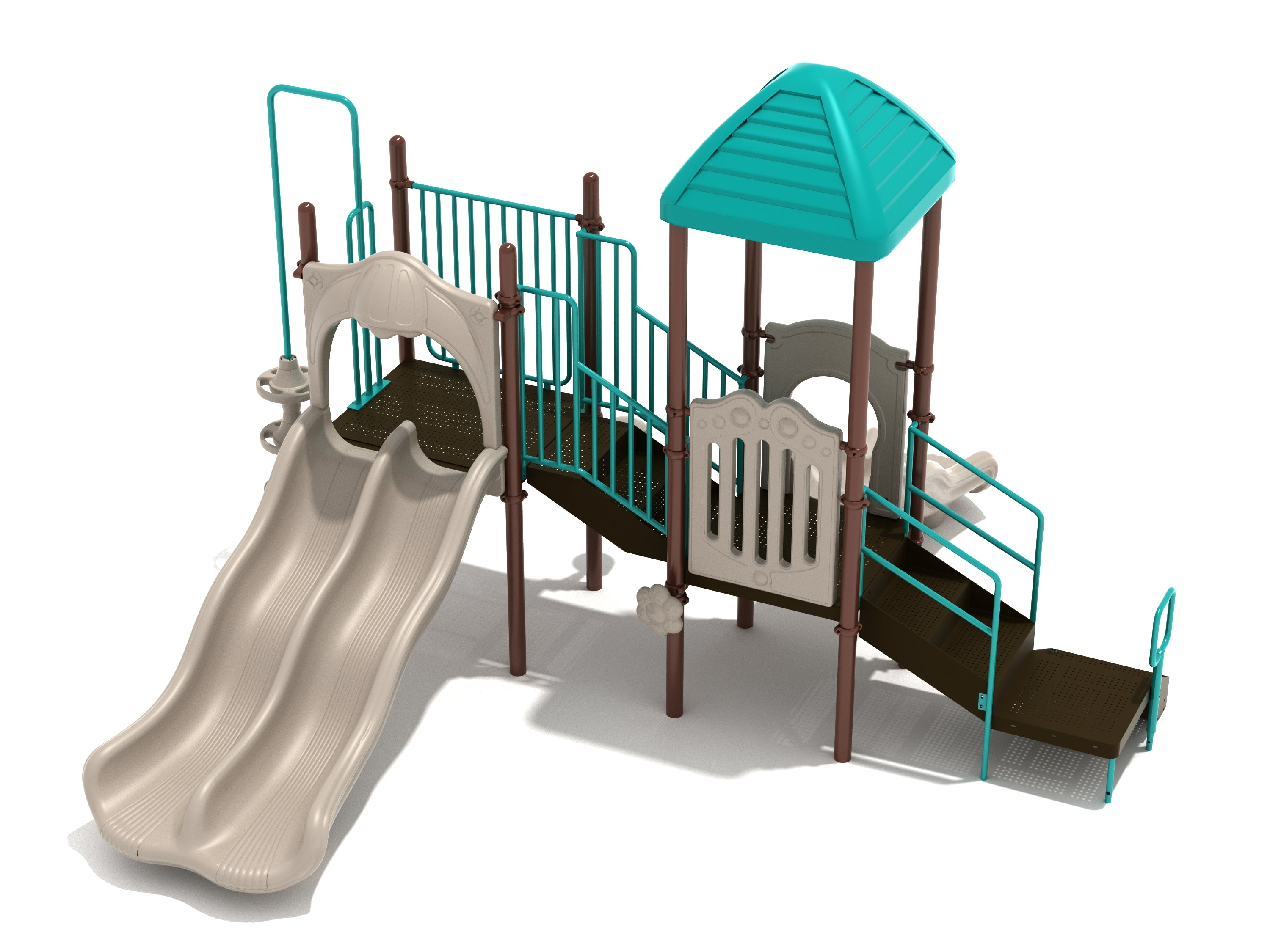 Playground structure with dual beige wave slides, teal pyramid roof, brown platforms, accessible ramps, and safety railings