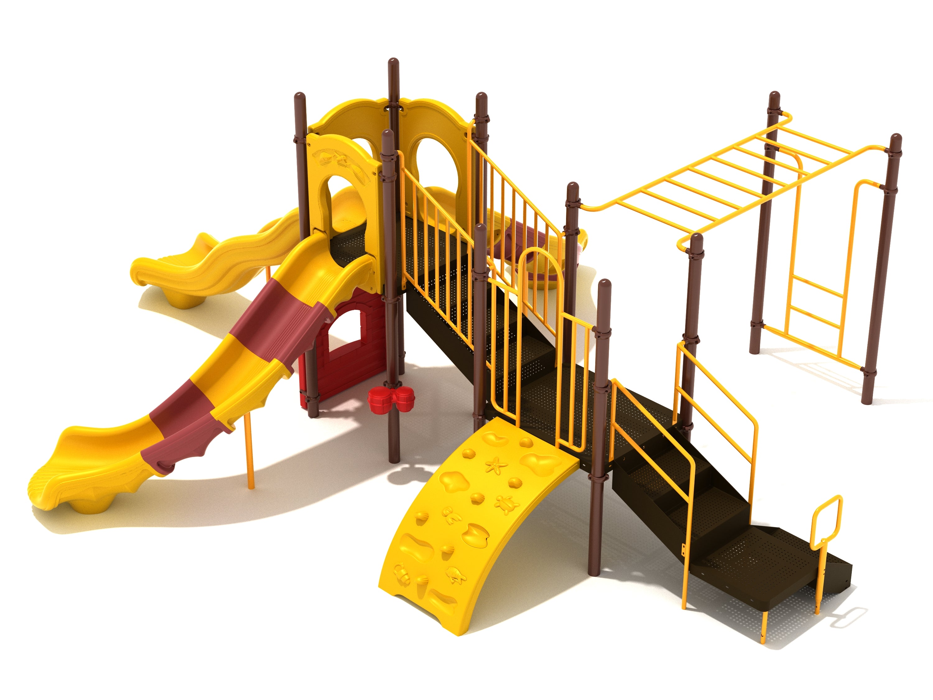 Yellow and brown playground structure with three slides, climbing wall, stairs, and overhead ladder for active play