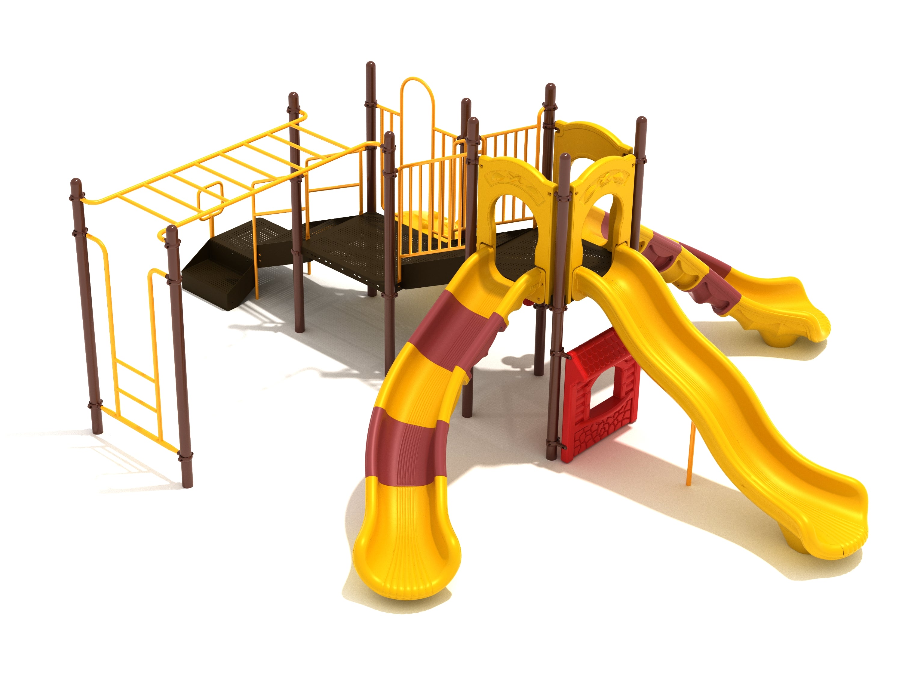 Play structure with three yellow and brown slides, climbing ladders, monkey bars, elevated platforms, and ground-level play panels