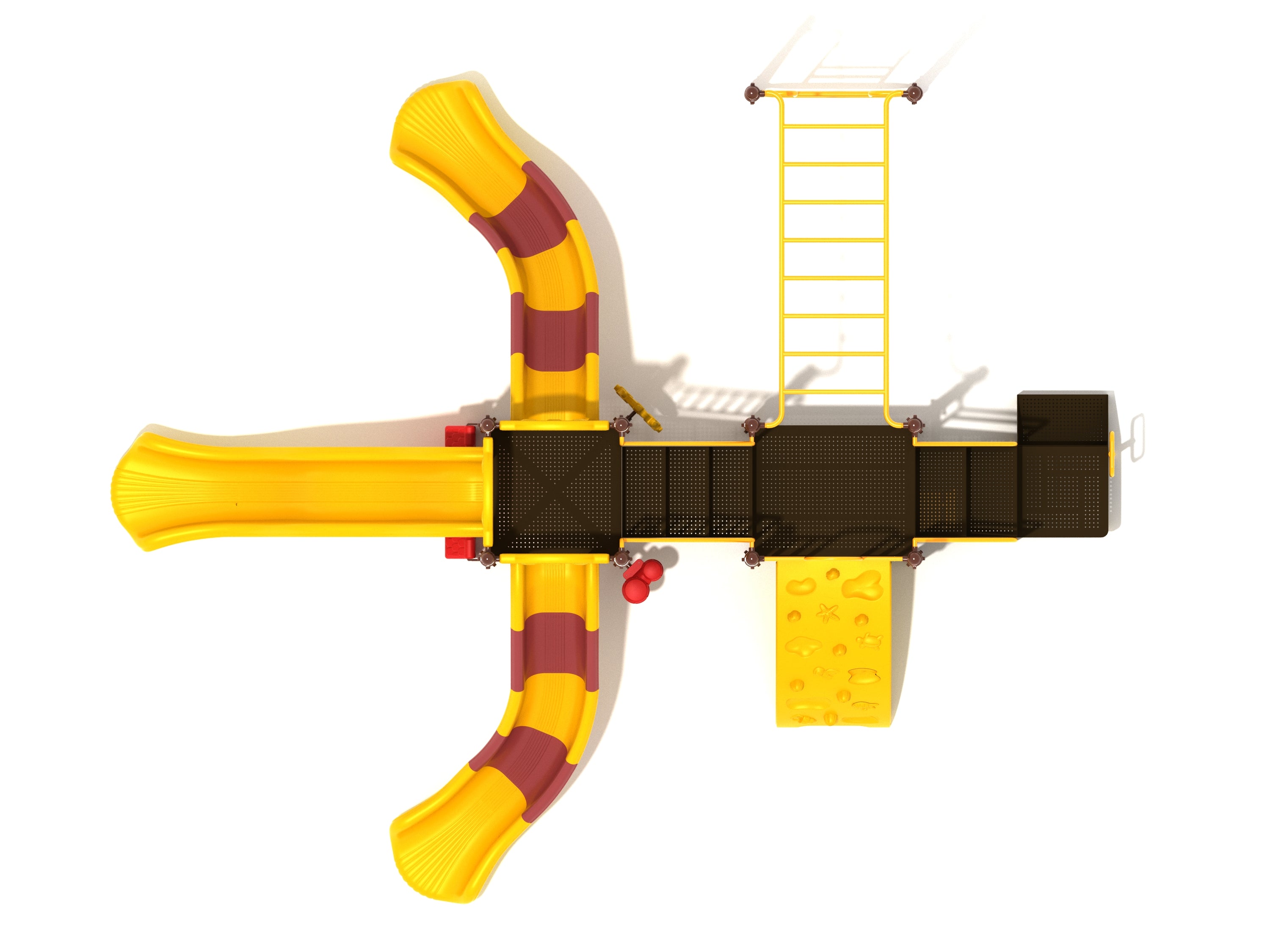 Overhead view of yellow and brown playground structure with three slides, climbing wall, overhead ladder, and play panels