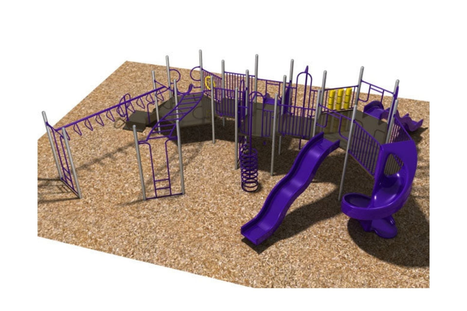 Purple modular playground with slides, climbing structures, bridges, and wood chip ground cover