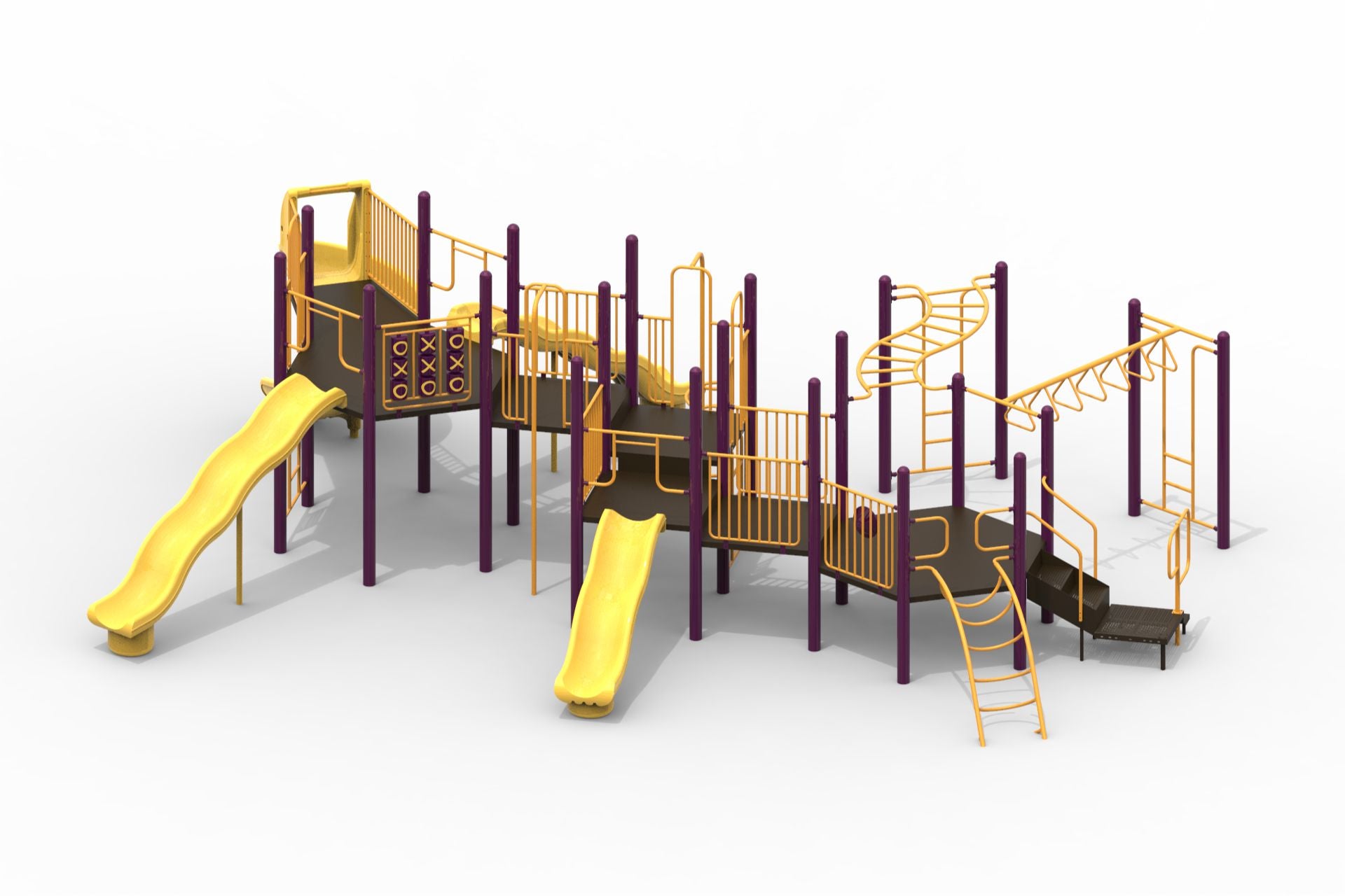 Modular playground with yellow slides, purple posts, climbing ladders, monkey bars, and tic-tac-toe panels
