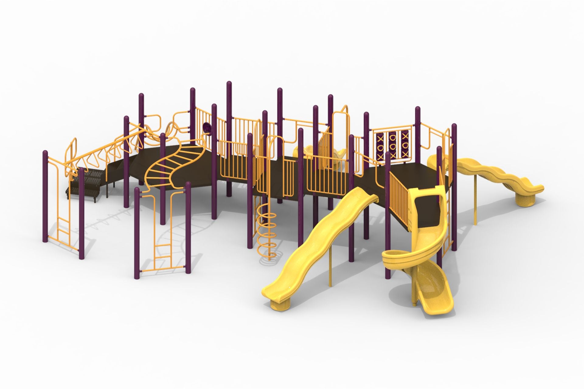Modular playground with purple uprights, yellow slides, climbing features, and a tic-tac-toe panel