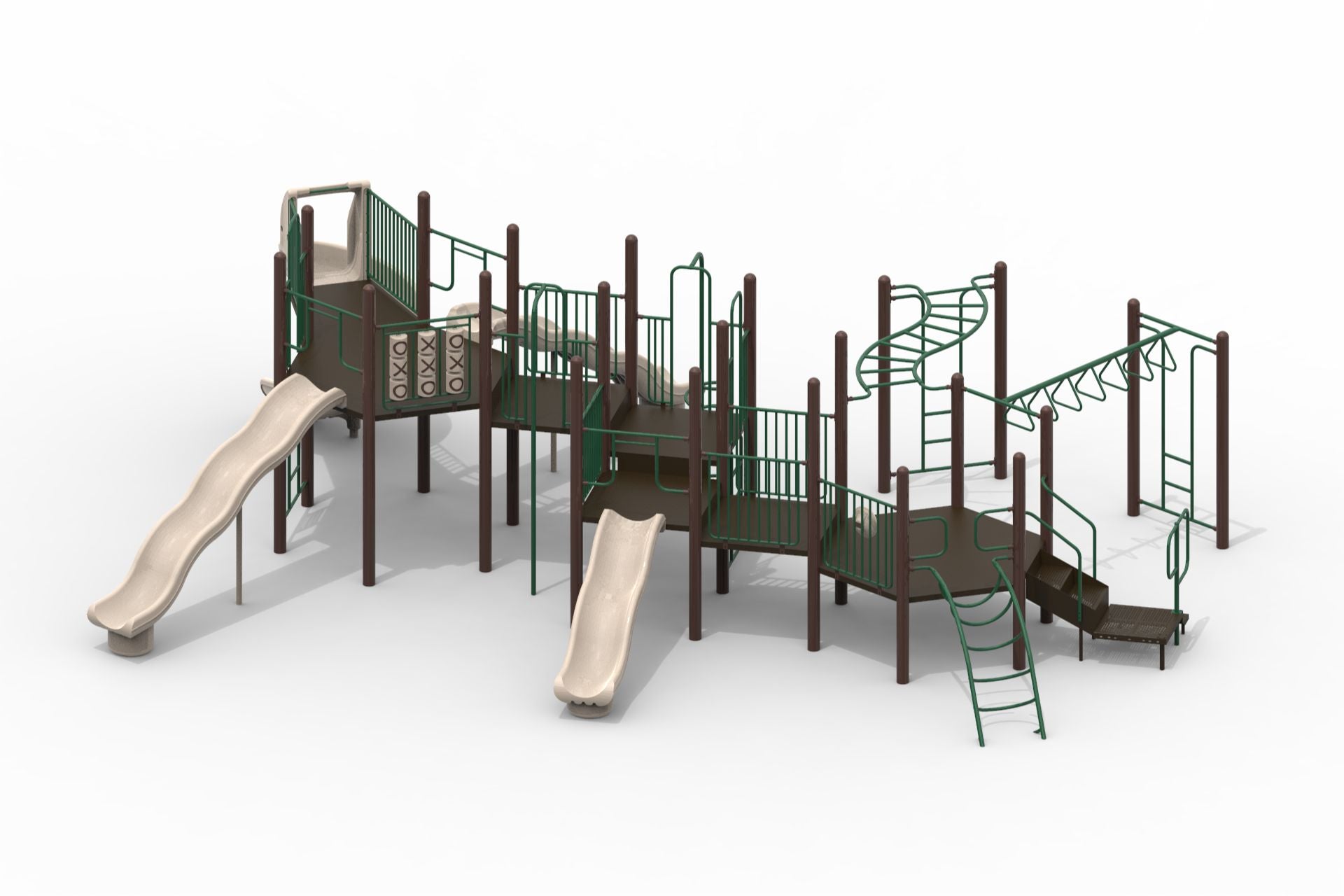Modular playground with slides, climbing ladders, monkey bars, and tic-tac-toe panels in green and beige tones