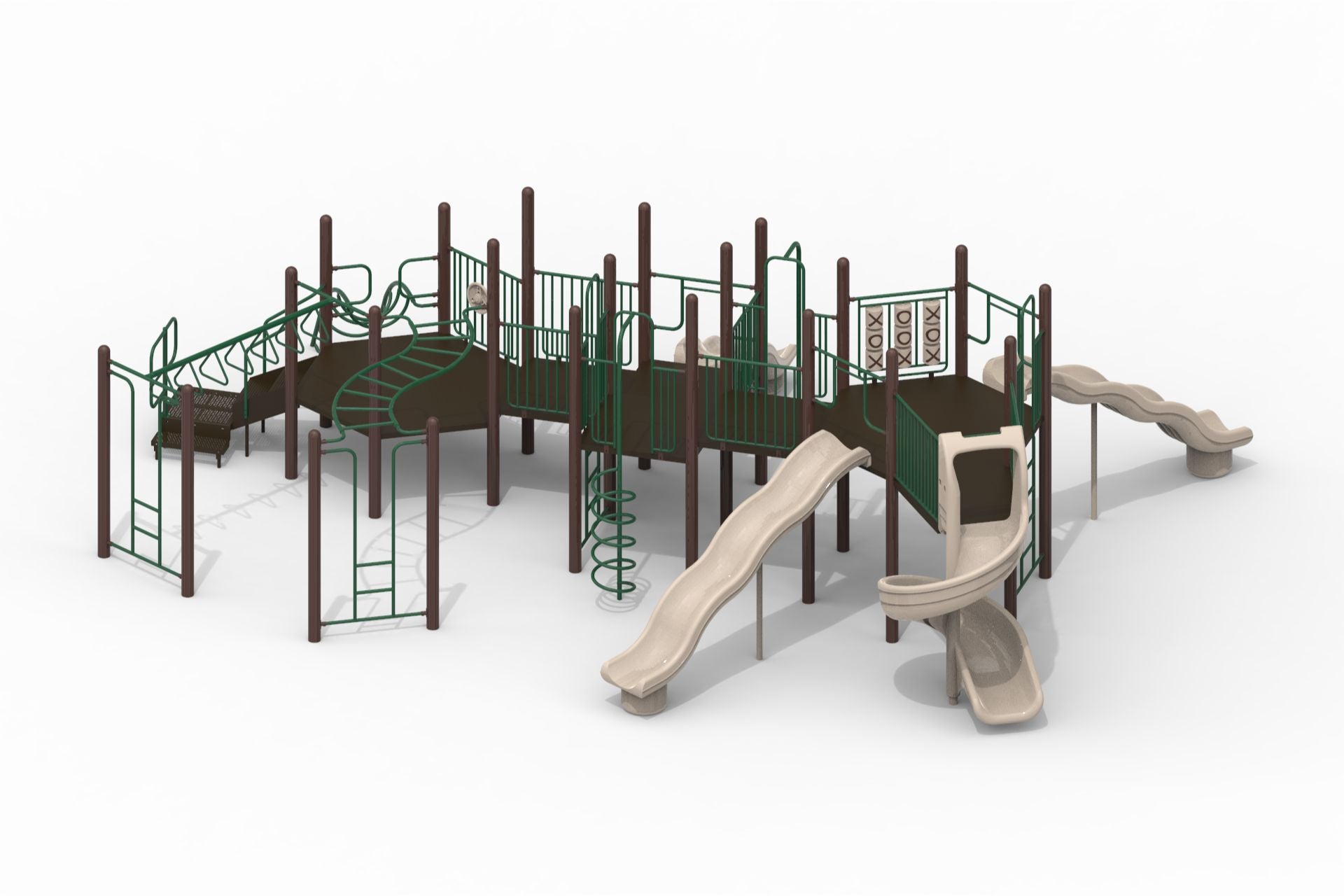 Katherine Modular Playground with natural beige slides, green climbing bars, brown uprights, multiple elevated play areas, and activity panels.