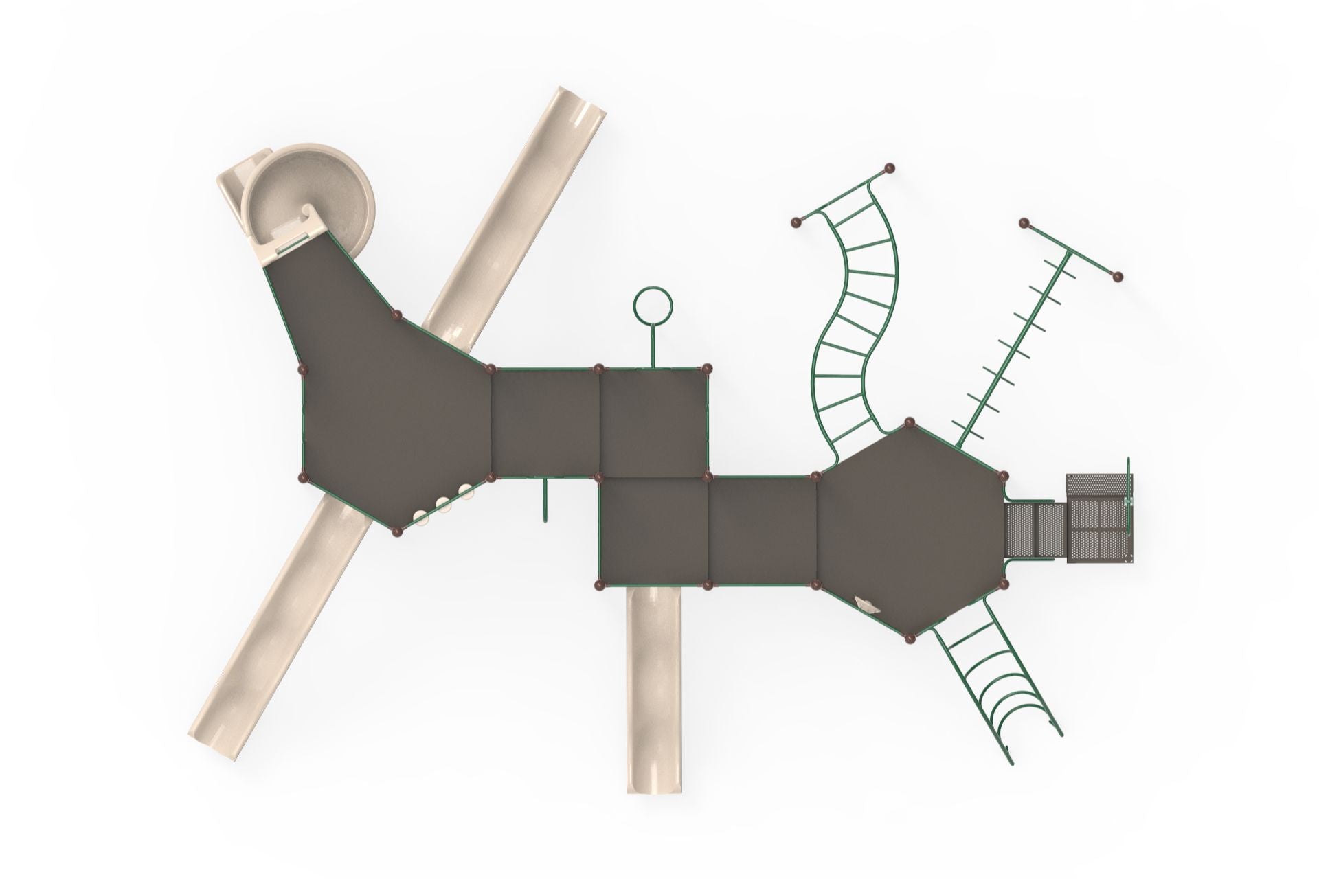 Overhead view of a modular playground with multiple slides, climbing structures, and elevated platforms in neutral tones and green accents