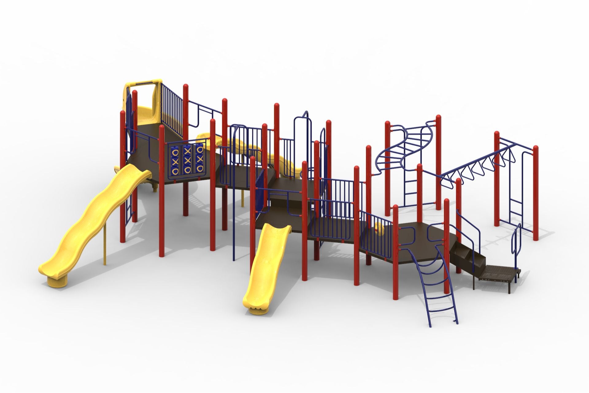 Modular playground with yellow slides, red posts, blue climbing structures, and tic-tac-toe panels