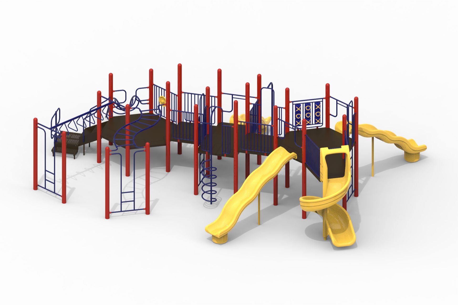 Modular playground with red uprights, blue railings, yellow slides, climbing bars, and tic-tac-toe panel