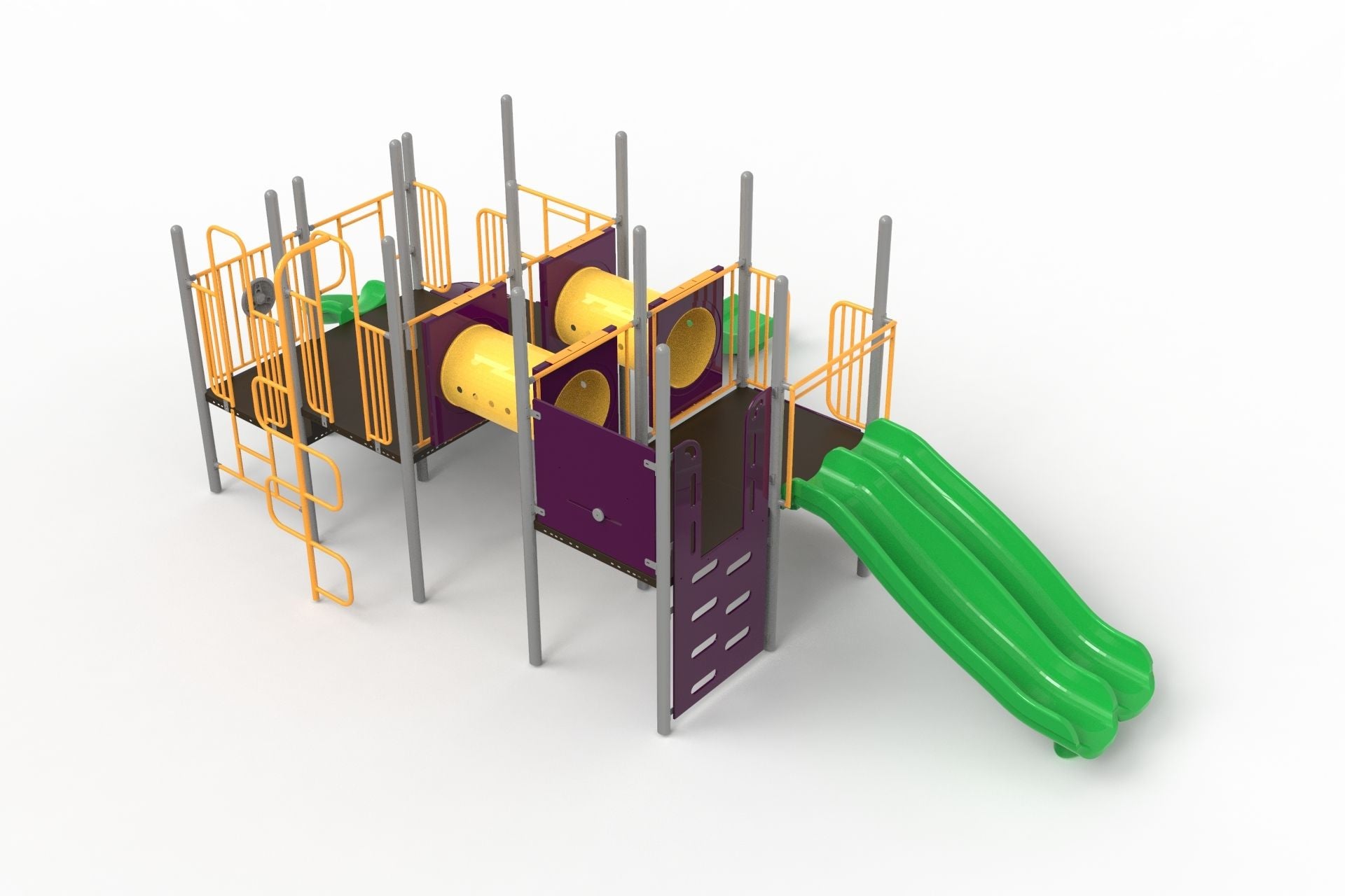 Colorful playground structure with dual green slides, yellow crawl tunnels, purple panels, orange railings, and multiple climbing features.