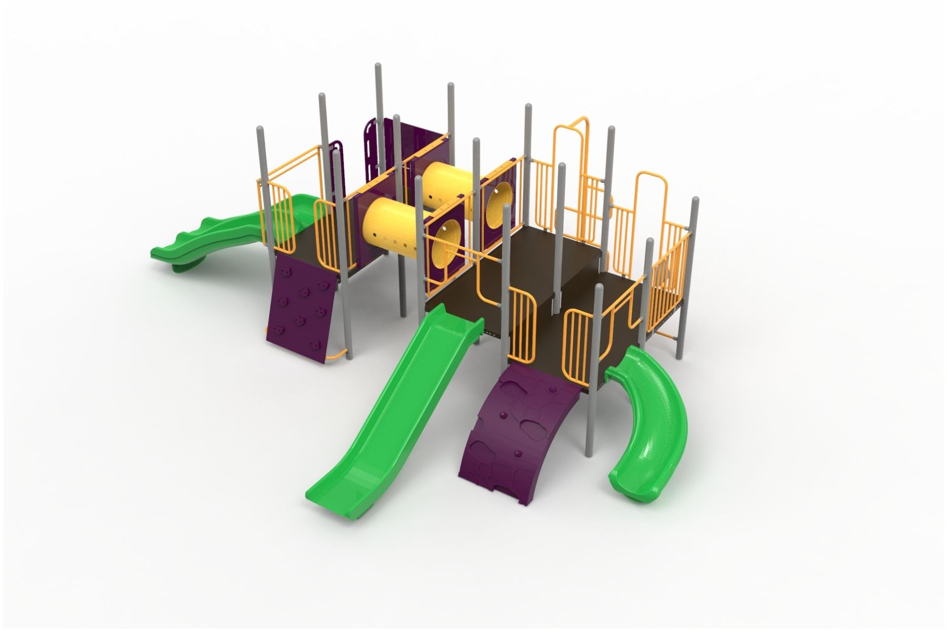 Purple and yellow playground structure with green slides, crawl tunnels, climbing walls, and orange safety railings