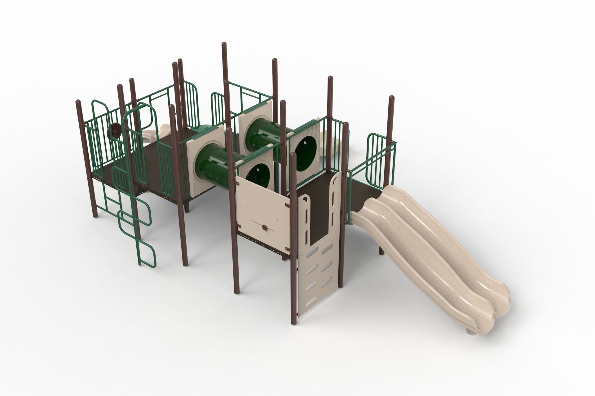 Outdoor playground with dual beige slides, green metal railings, crawl tunnels, climbing panels, and rock climbing wall