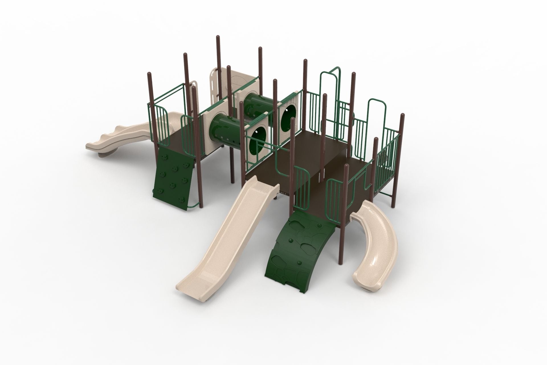 Katmai WillyGoat Playground with beige slides, green climbing walls, brown support poles, crawl tunnels, and play panels in natural outdoor setting