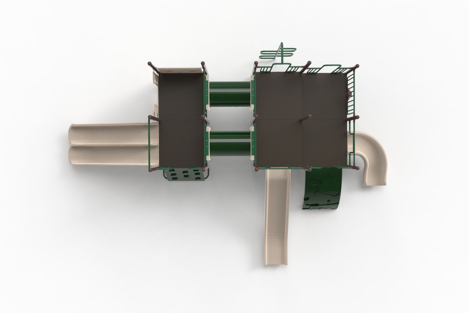 Overhead view of a large green and beige playground system with slides, crawl tunnels, climbers, steering wheel, and panels