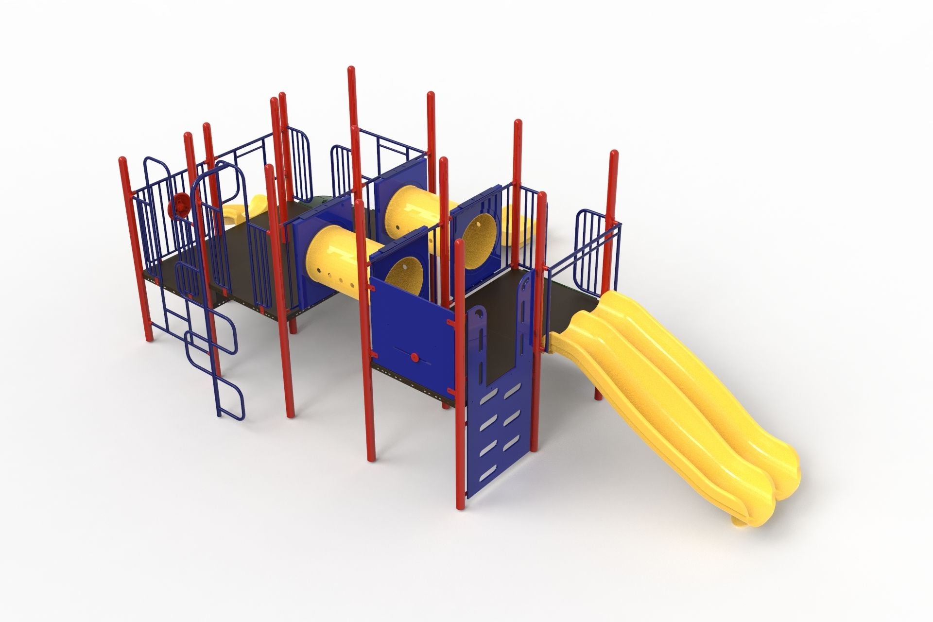 Colorful playground structure with red poles, blue panels, yellow crawl tunnels, and a double yellow slide, angled view.