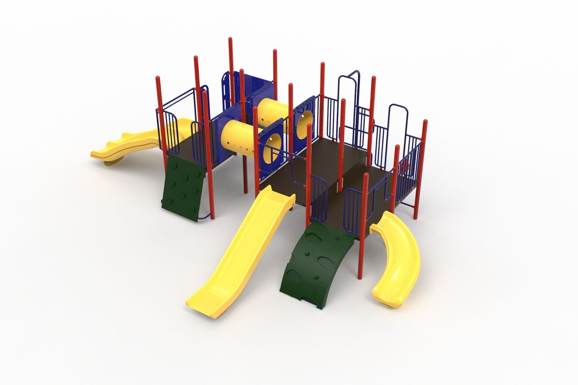 Colorful playground structure with yellow slides, green climbing panels, blue railings, red support poles, crawl tunnels, and climbing walls