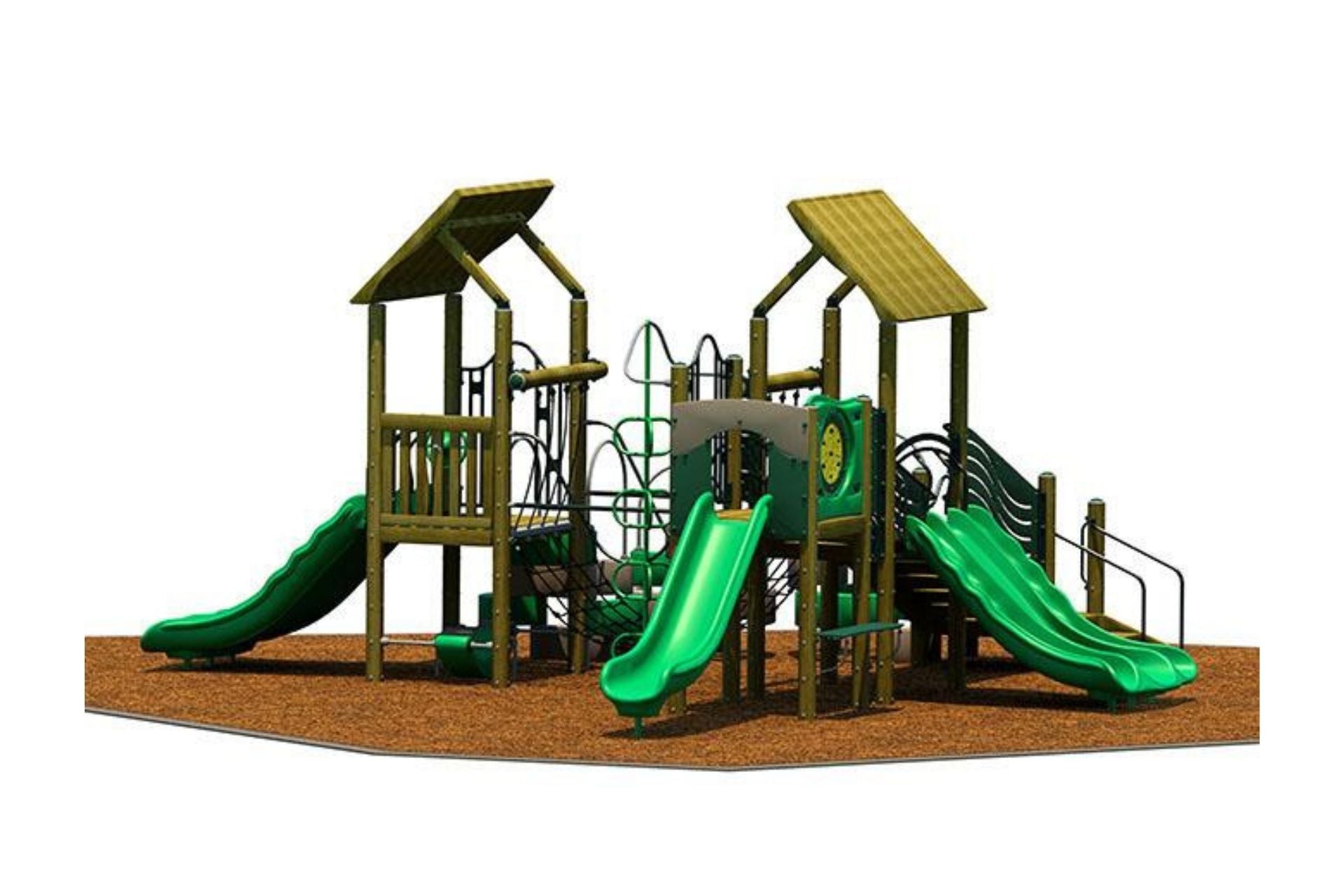 Kingdom Play System with green slides, climbing structures, shaded platforms, and wood chip ground cover