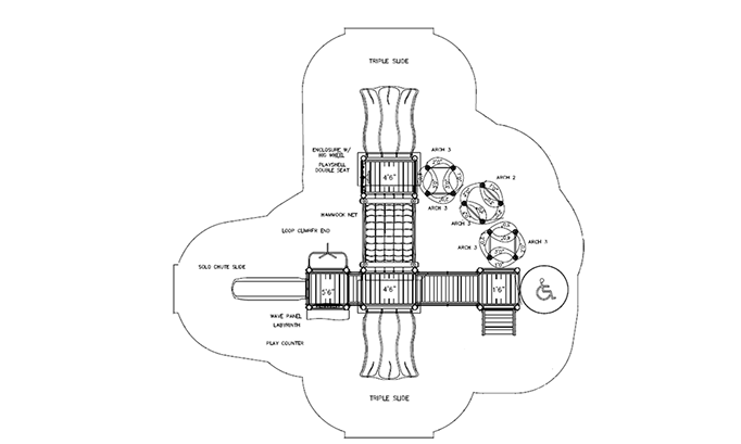 Overhead view of a large playground structure with triple wave slides, climbing arches, hammock net, and play counter