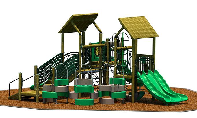 Outdoor wooden play structure with two green slides, climbing features, shaded platforms, and mulch ground surface