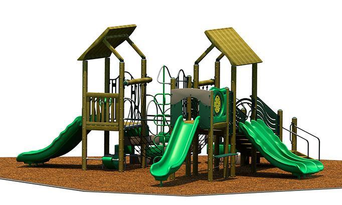 Outdoor wooden play structure with two peaked roofs, multiple green slides, and climbing elements on mulch surface