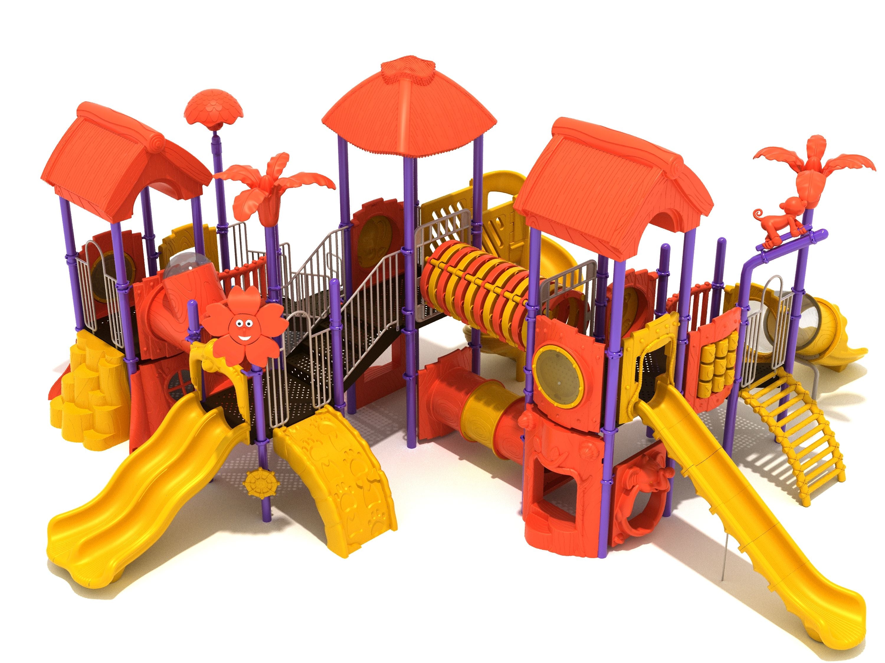 Colorful jungle-themed playground with multiple slides, climbing tunnels, animal decorations, and themed panels.