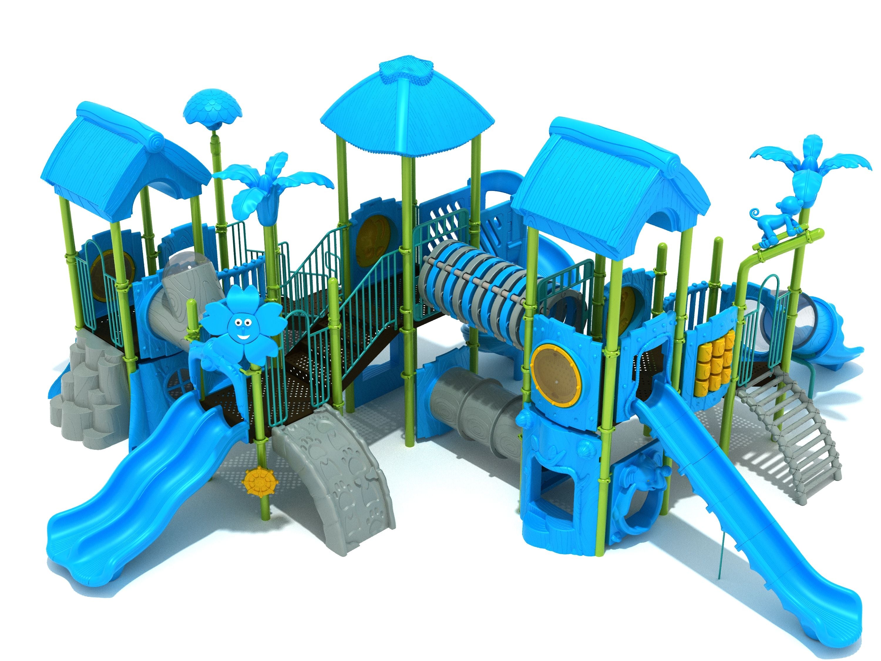 Colorful jungle-themed playground with multiple slides, climbing features, tunnels, and animal decorations.