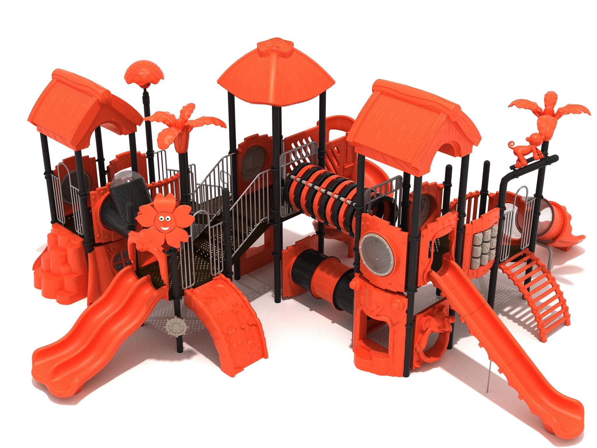 Jungle-themed orange playground with multiple slides, tunnels, bridges, and animal-shaped decorations
