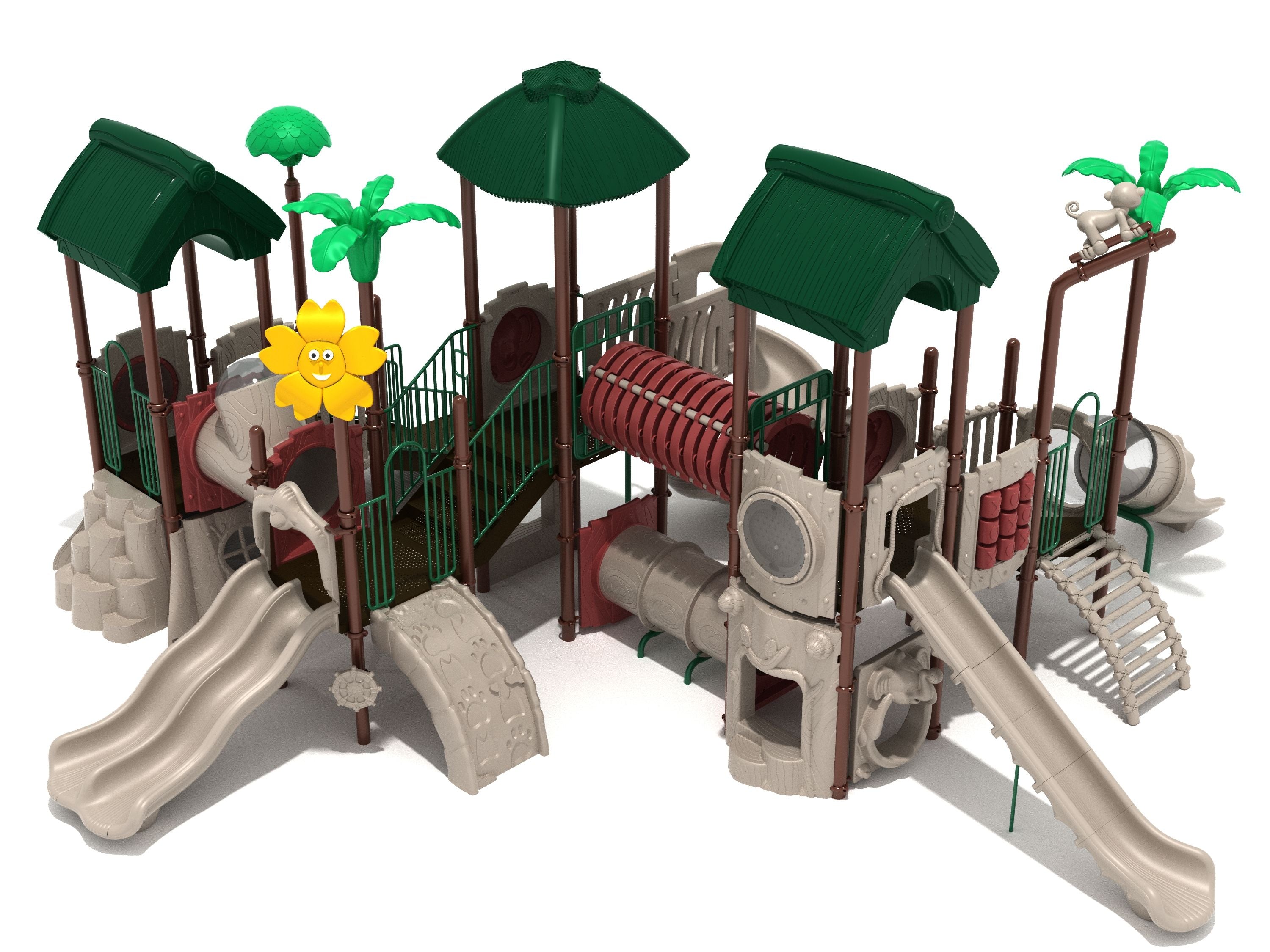 Jungle-themed playground with multiple slides, climbing structures, tunnels, and animal and plant decorations.