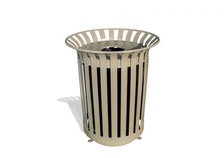 Outdoor metal trash receptacle with smooth vertical slats, round flared top, and integrated lid with central opening