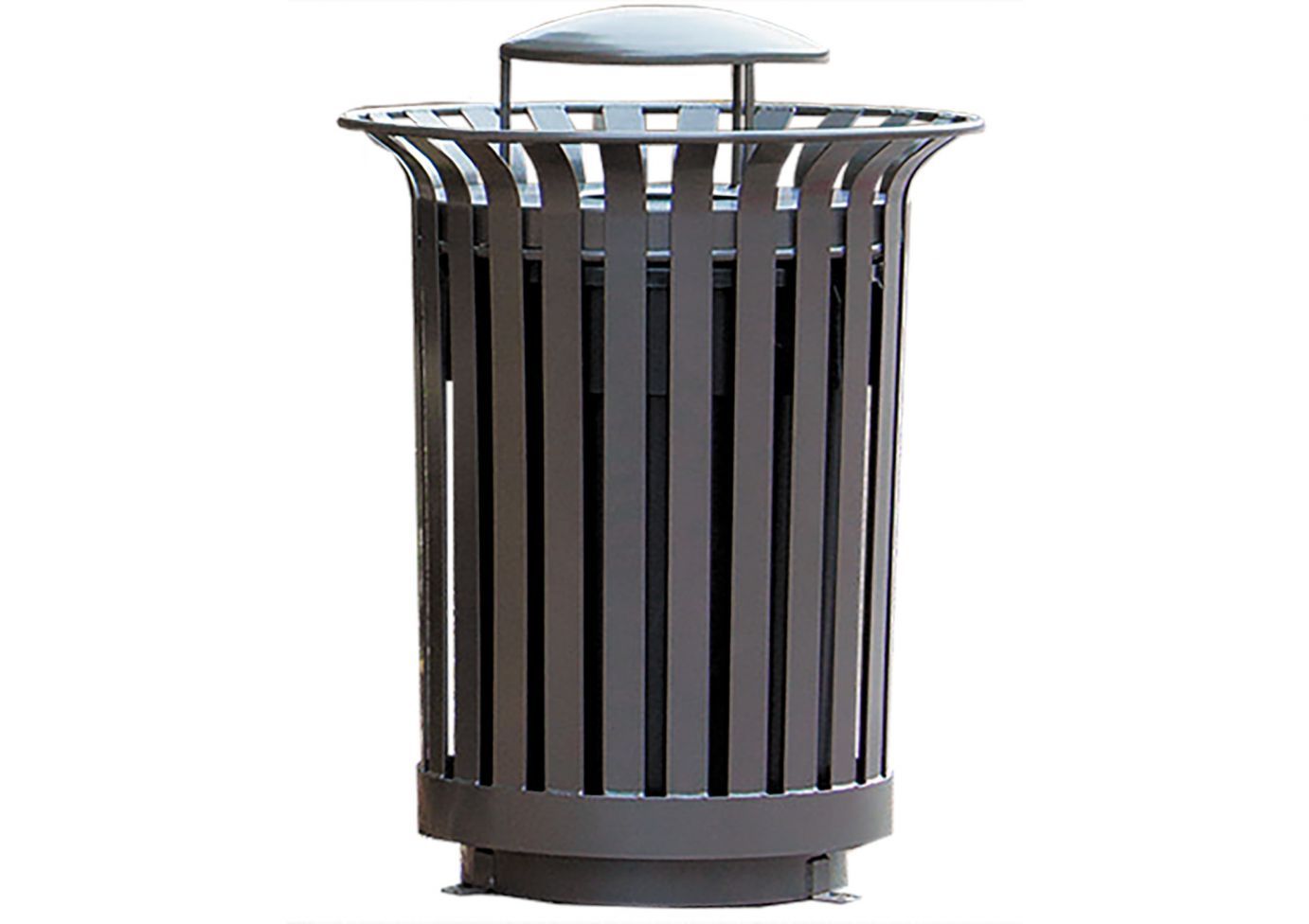 Outdoor metal trash receptacle with smooth vertical slats, dark finish, and rain bonnet lid