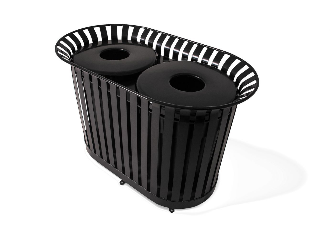 Lexington Dual Receptacle with black powder-coated steel, smooth vertical slats, and dual openings for trash collection