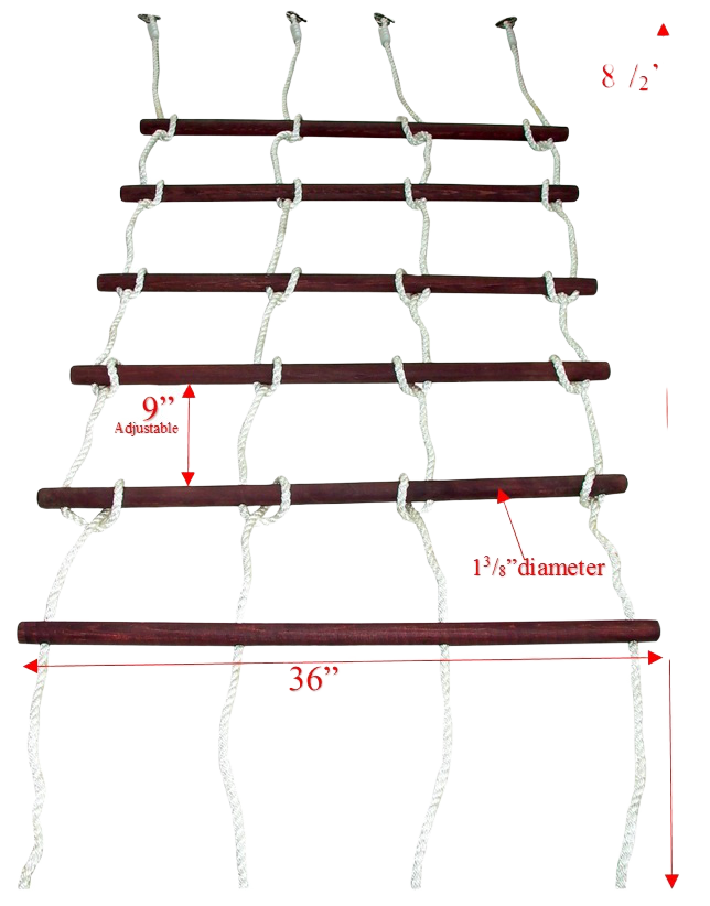 Rope ladder with six wooden rungs, thick white ropes, and four metal hooks for swing set attachment