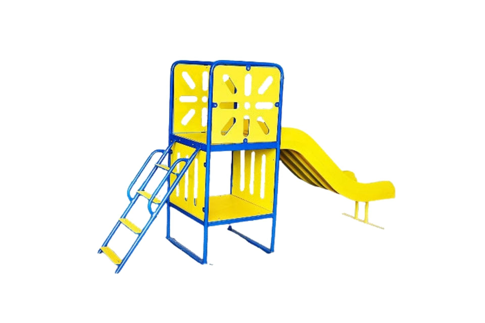 Compact kids' playground slide with blue frame, yellow panels, sturdy ladder, high-sided smooth slide, and cozy crawl-through nook