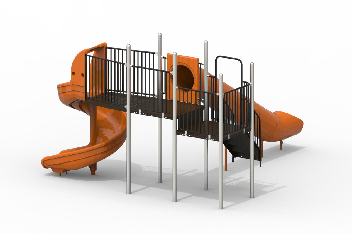 Elevated playground structure with black metal railings, orange spiral and straight tube slides, and access stairs