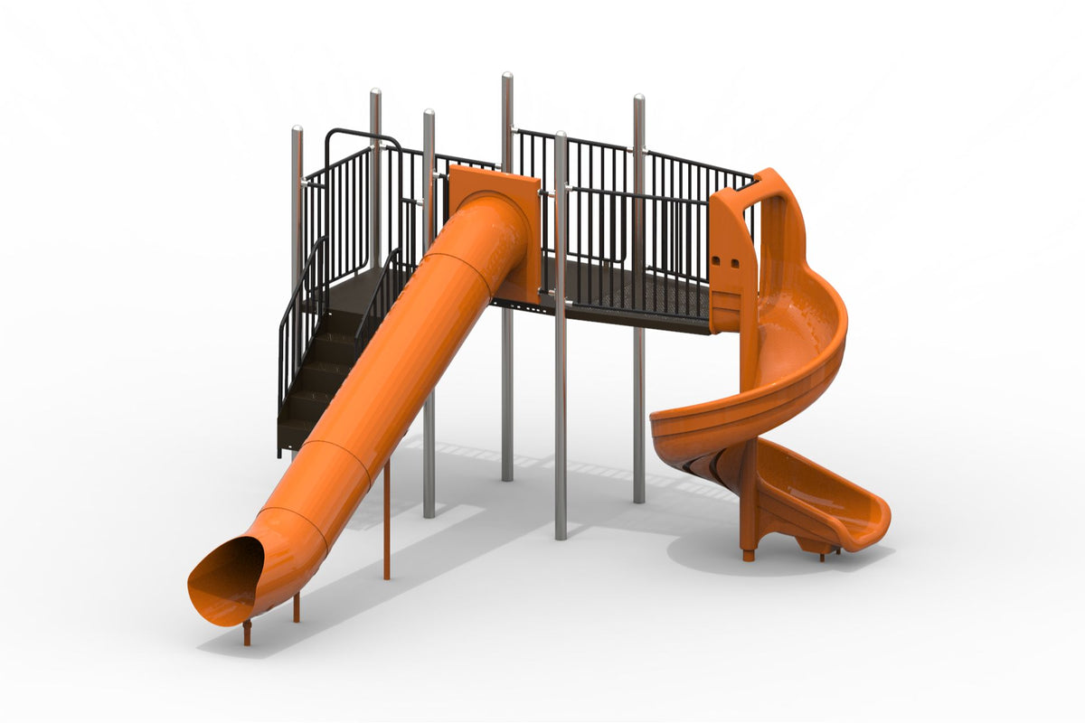 Elevated playground structure with black metal railings, orange straight tube slide, and orange spiral slide