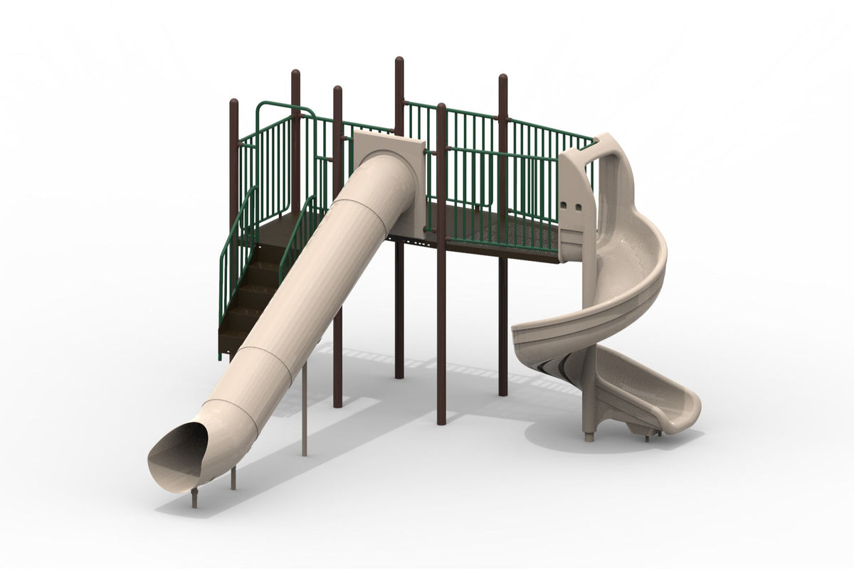 Lassen WillyGoat Double Slide play system with natural-colored tube and spiral slides, green railings, and brown support posts