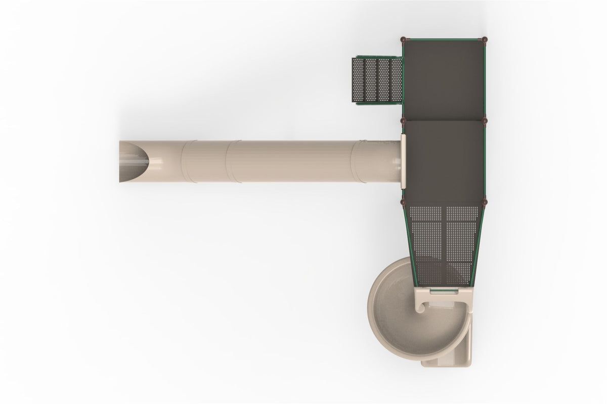 Overhead view of playground structure with two connected platforms, straight tube slide, and spiral slide in neutral tones