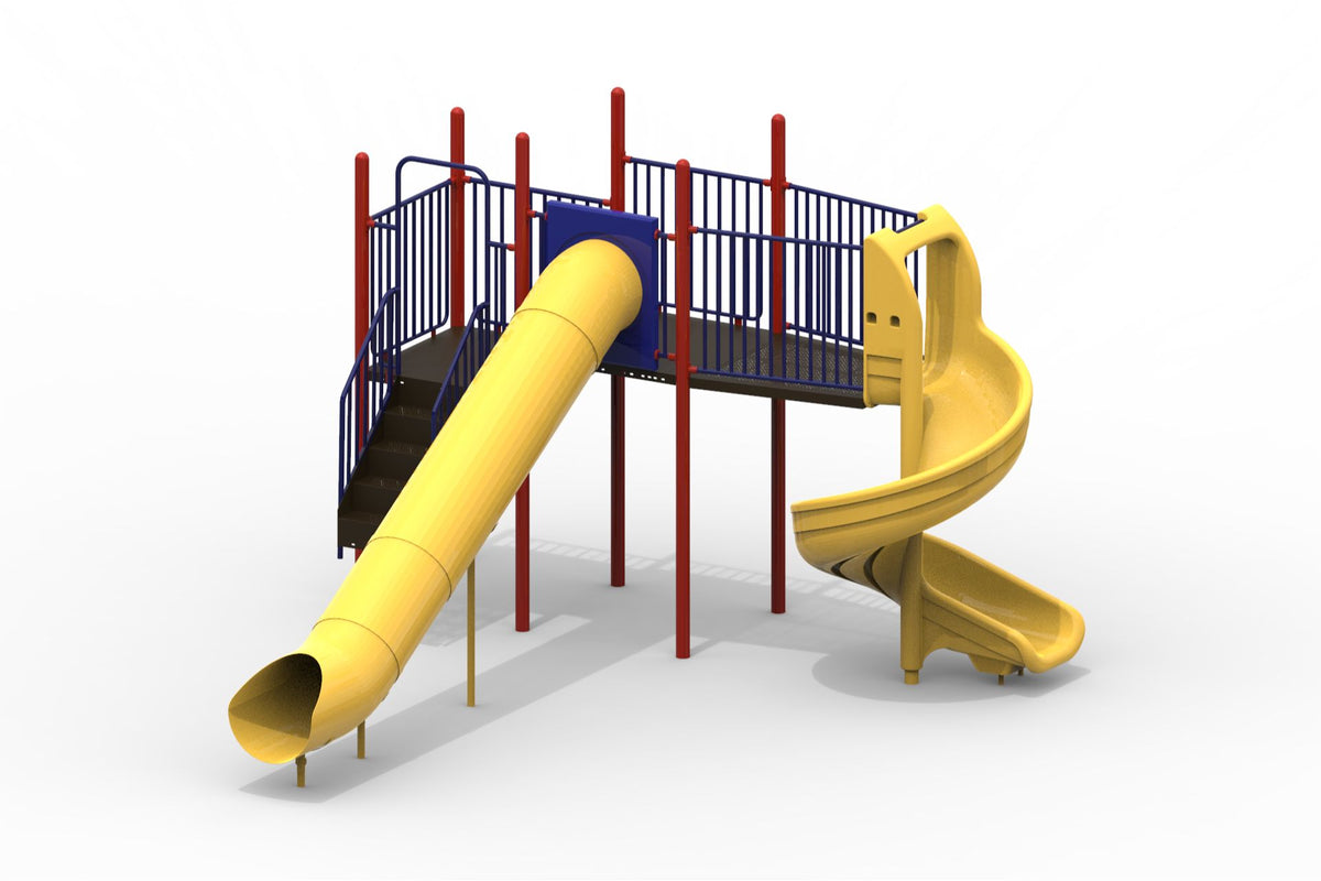 Playground structure with red posts, blue railings, yellow spiral slide, and yellow enclosed tube slide on connected platforms